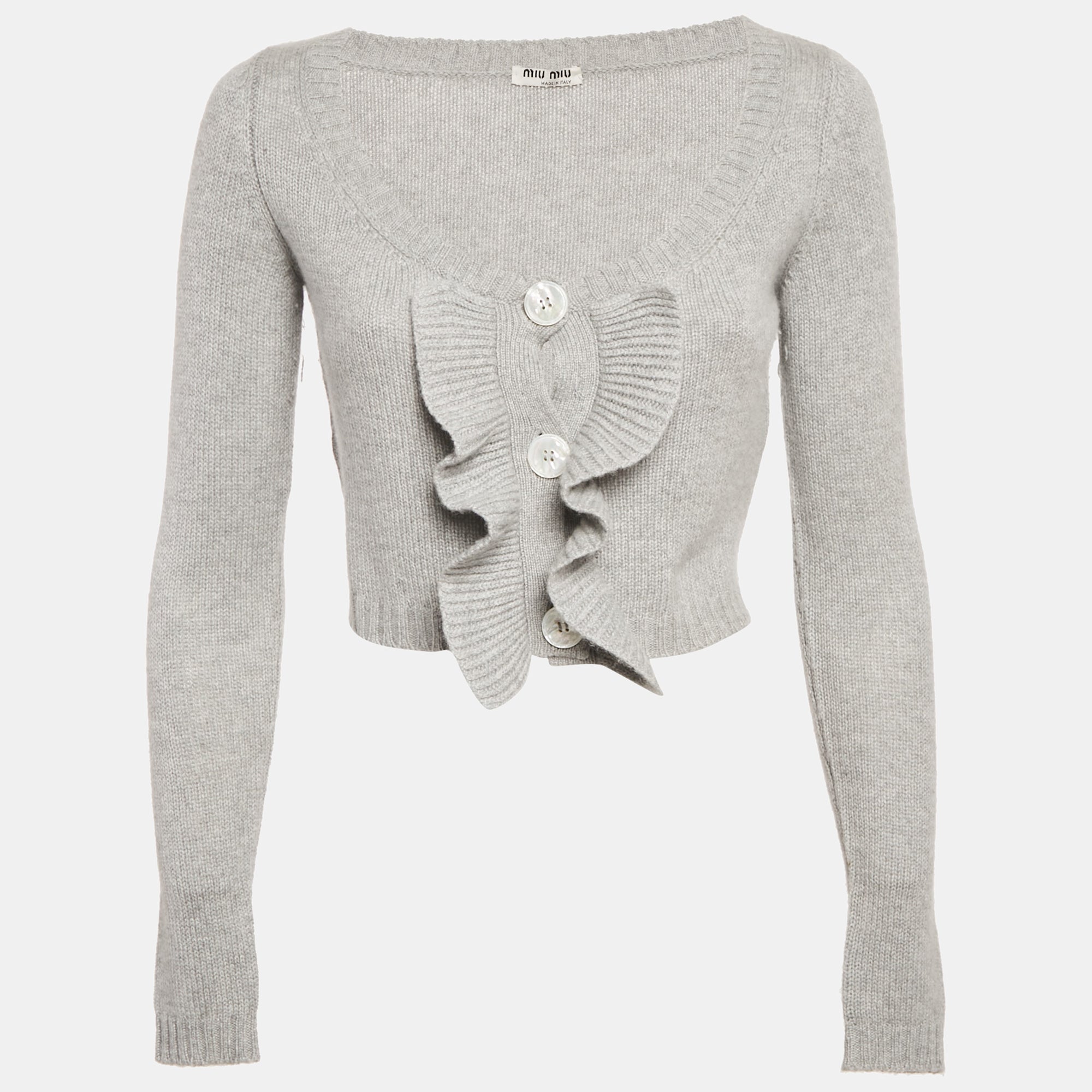 Miu Miu Grey Rib Knit Ruffled Crop Cardigan S
