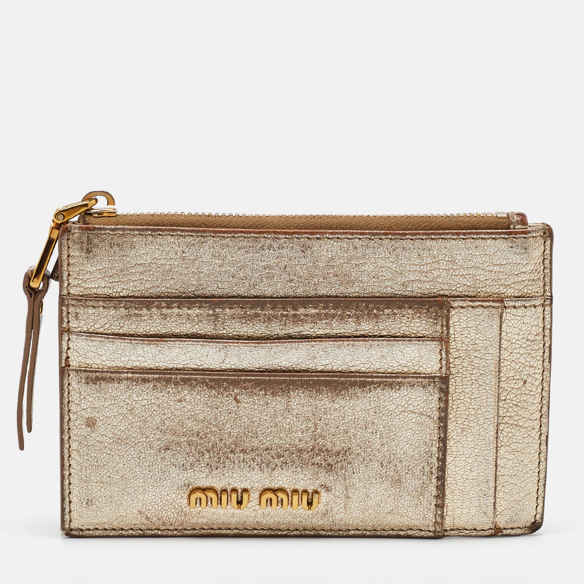 Miu Miu Metallic Gold Leather Zip Card Holder