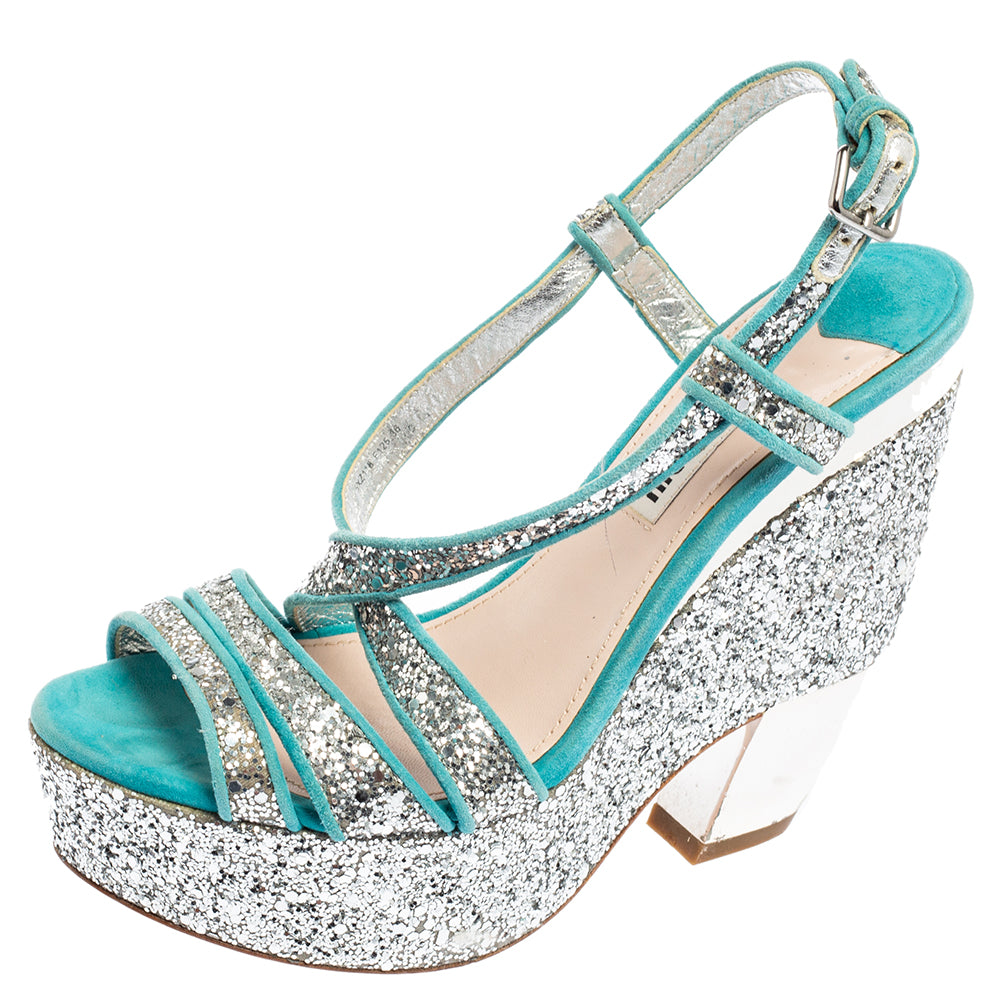 Miu Miu Turquoise Suede and Glitter Ankle Strap Platform Sandals Size 36