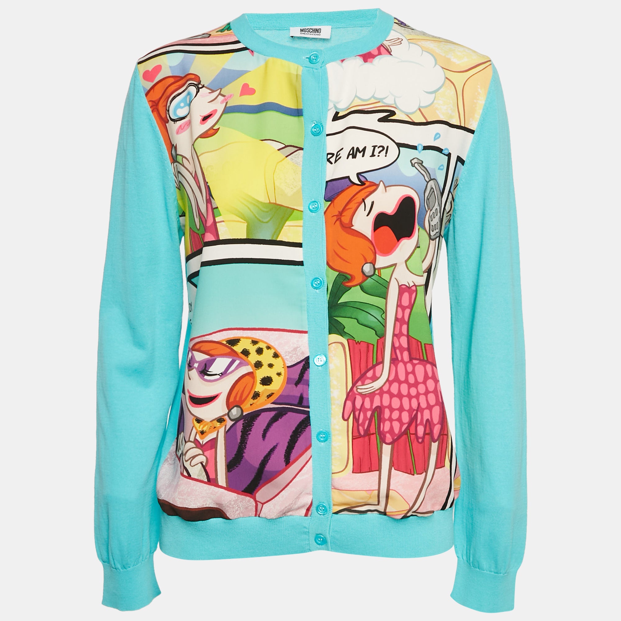 Moschino Cheap and Chic Blue Printed Chiffon and Cotton Knit Cardigan L