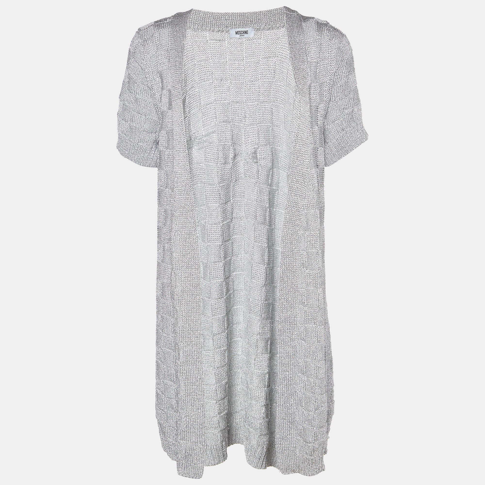 Moschino Jeans Silver Lurex Knit Open Front Cardigan L