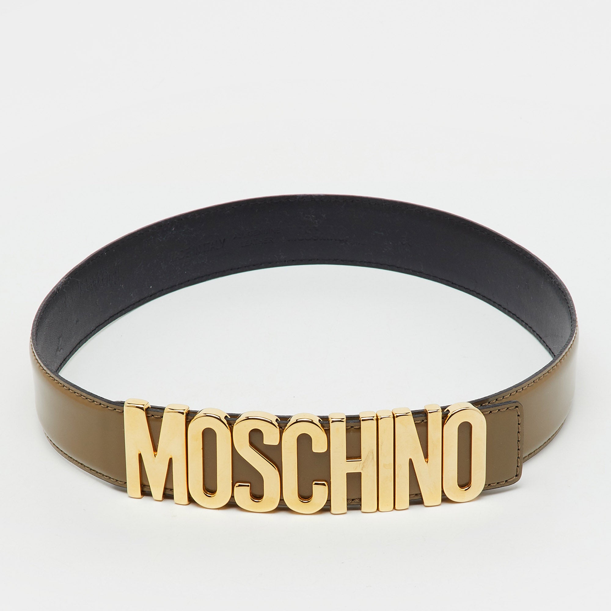 Moschino Khaki Brown Glossy Leather Classic Logo Belt 75CM