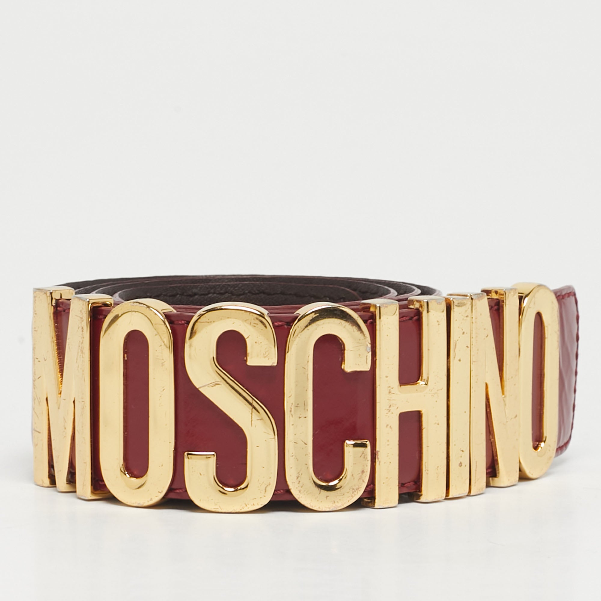 Moschino Burgundy Glossy Leather Classic Logo Waist Belt
