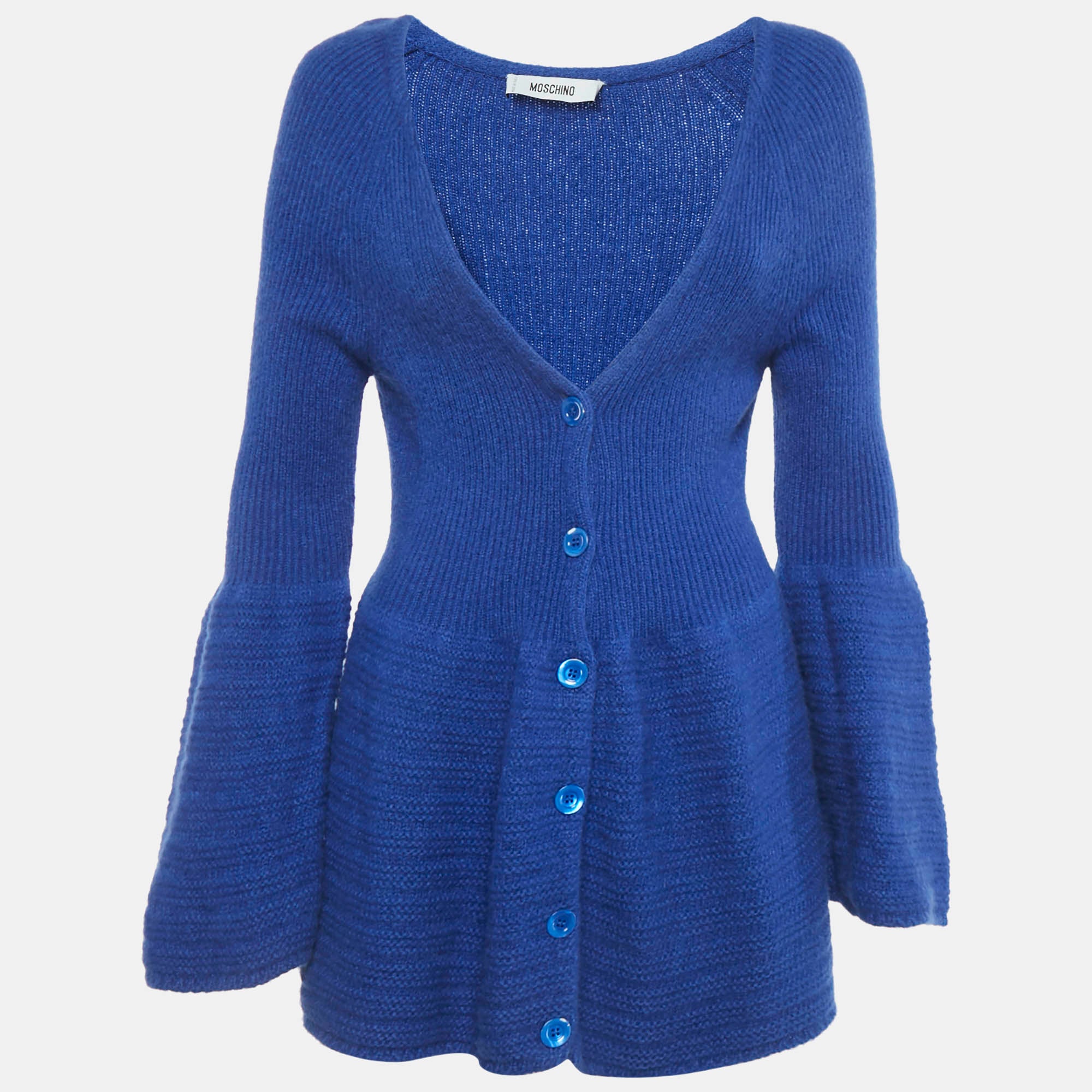 Moschino Blue Wool Knit Button Front Cardigan Dress M