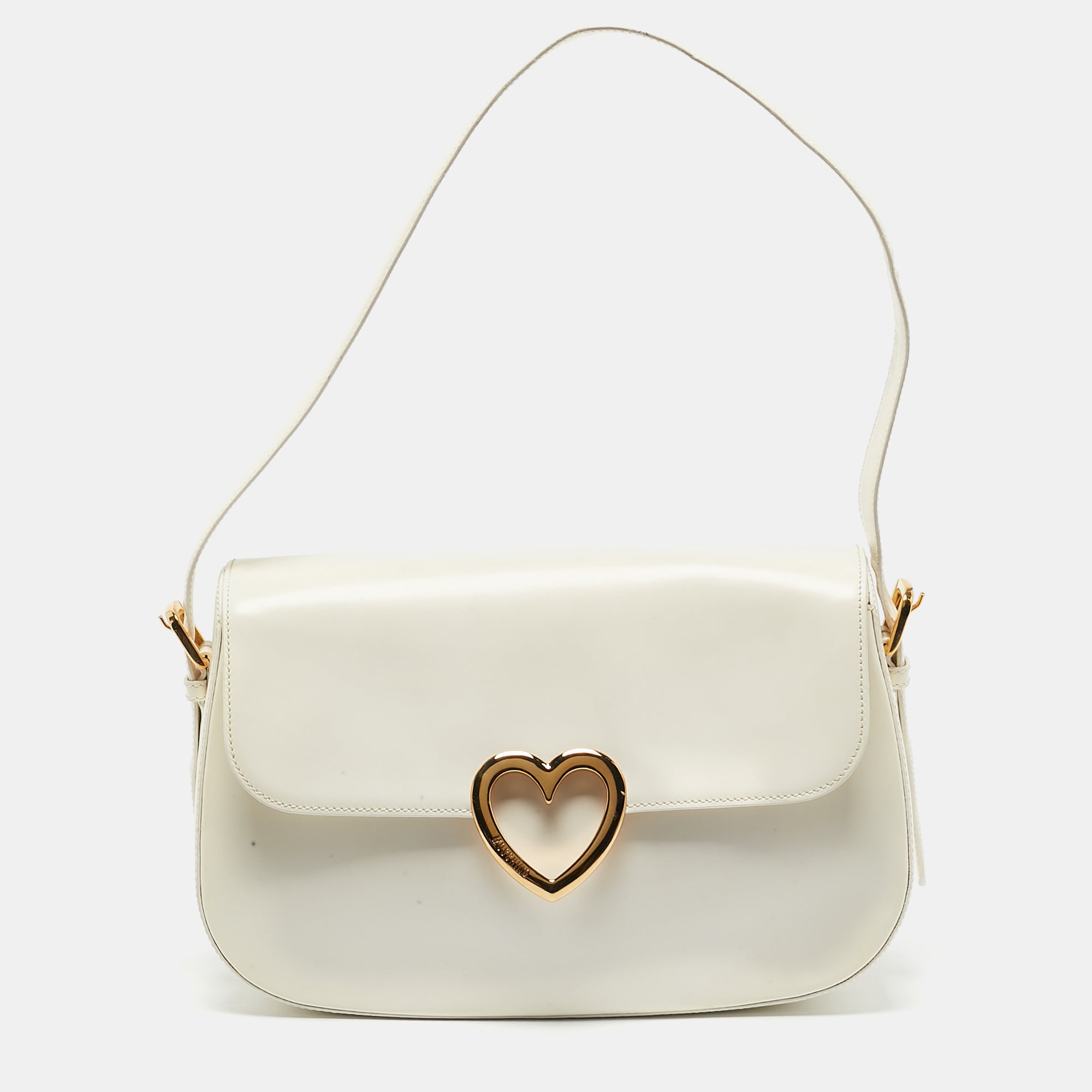 Moschino White Glossy Leather Heart Flap Shoulder Bag