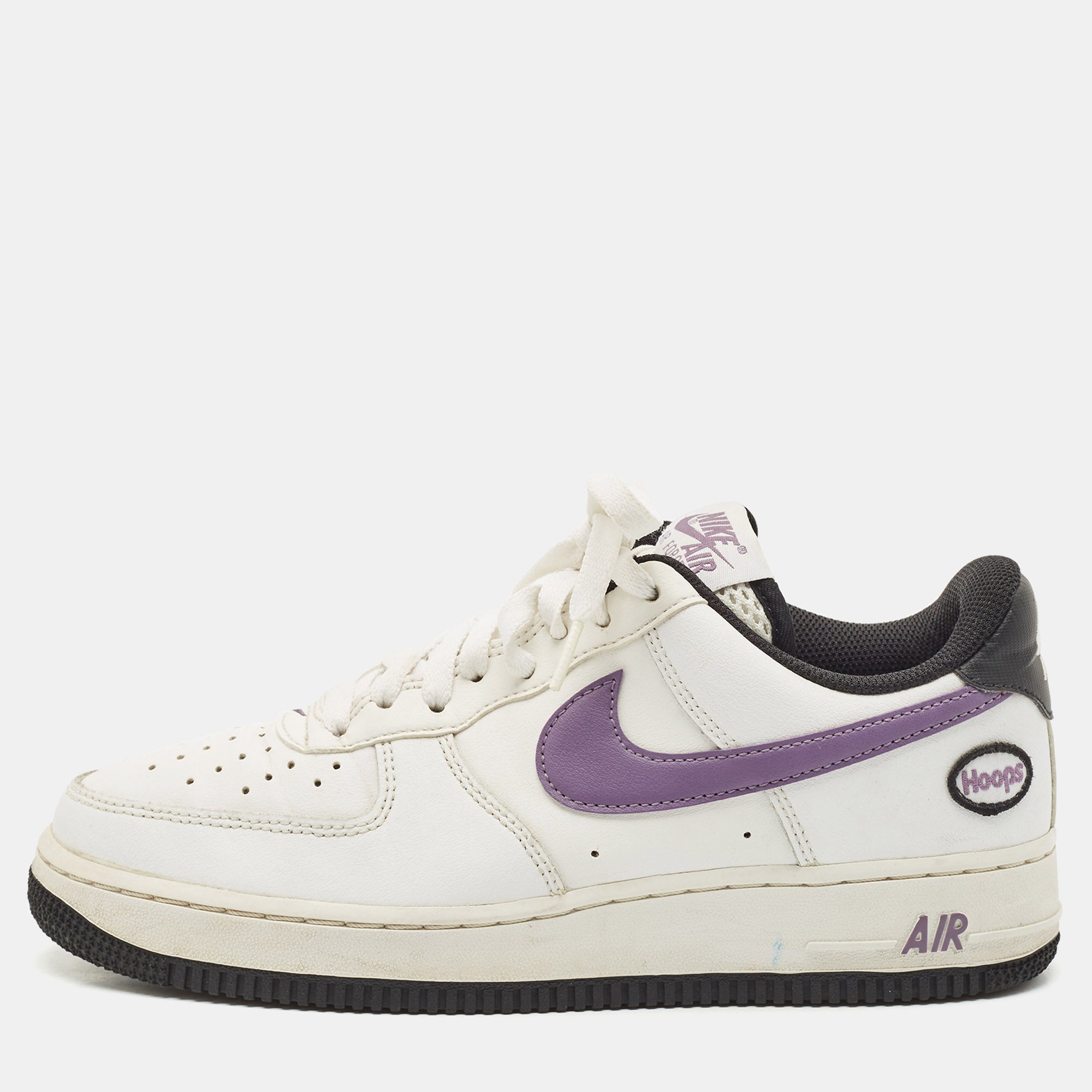 Nike White-Purple Leather Air Force 1 Low Hoops White Canyon Purple Sneakers Size 40.5