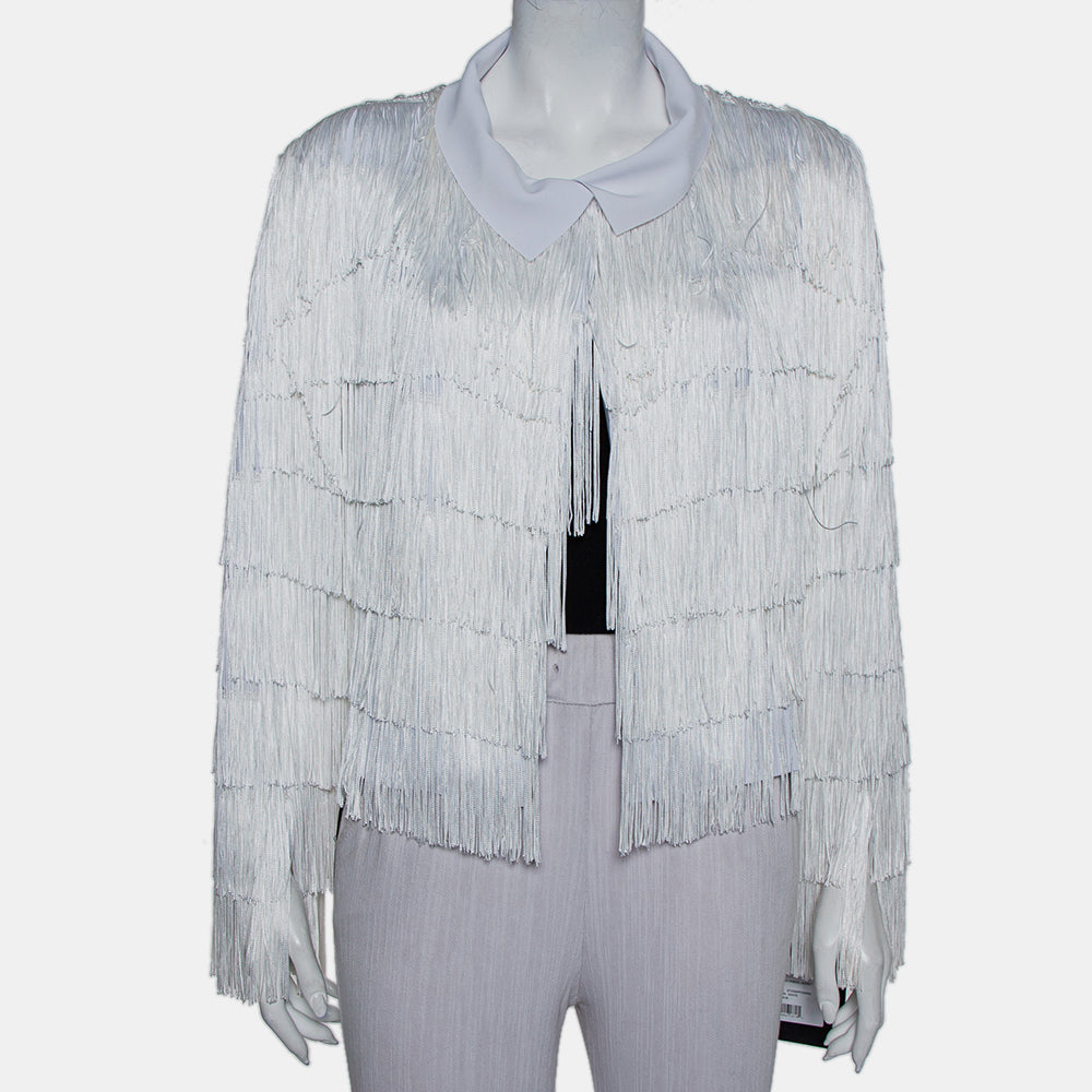Norma Kamali White Knit Fringed Open Front Collared Jacket M