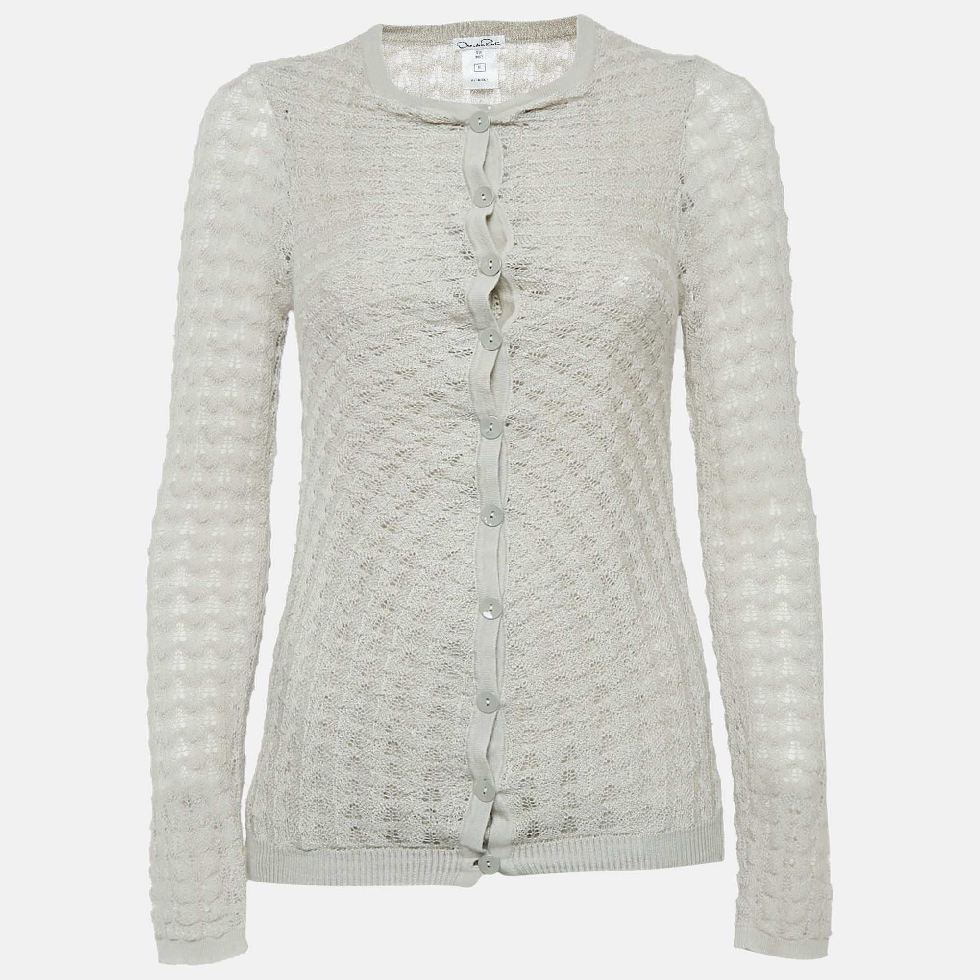 Oscar de la Renta Grey Patterned Cashmere Button Front Cardigan M