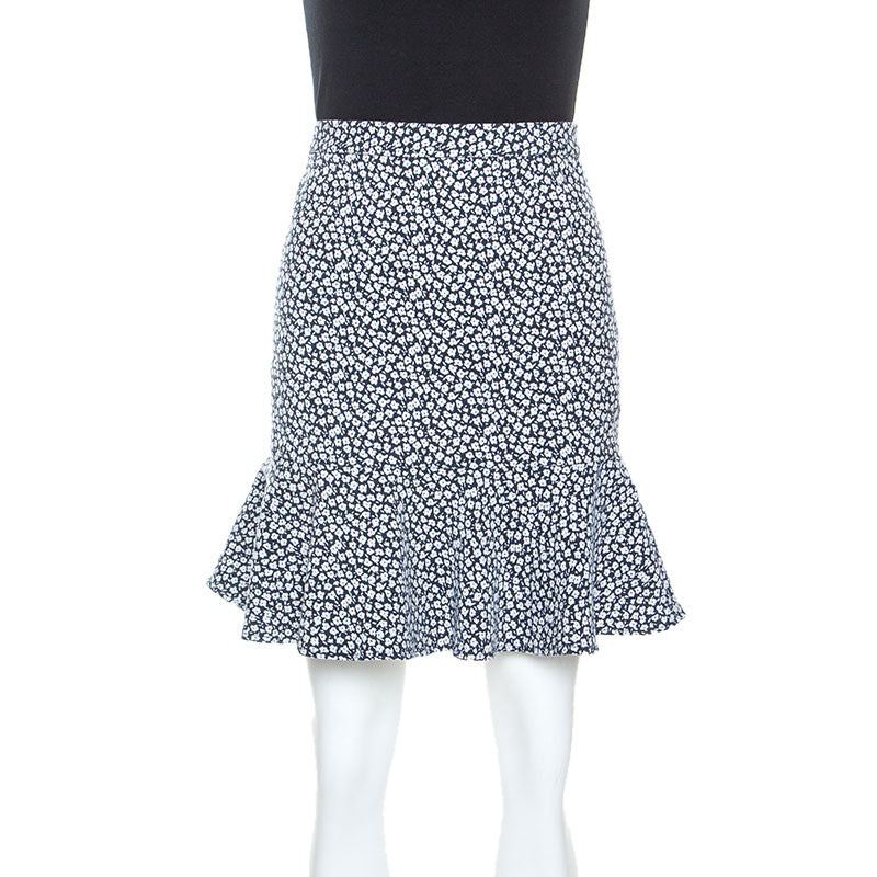 Paul and Joe Navy and White Floral Knit Cotton Blend Ruffle Hem Skirt M