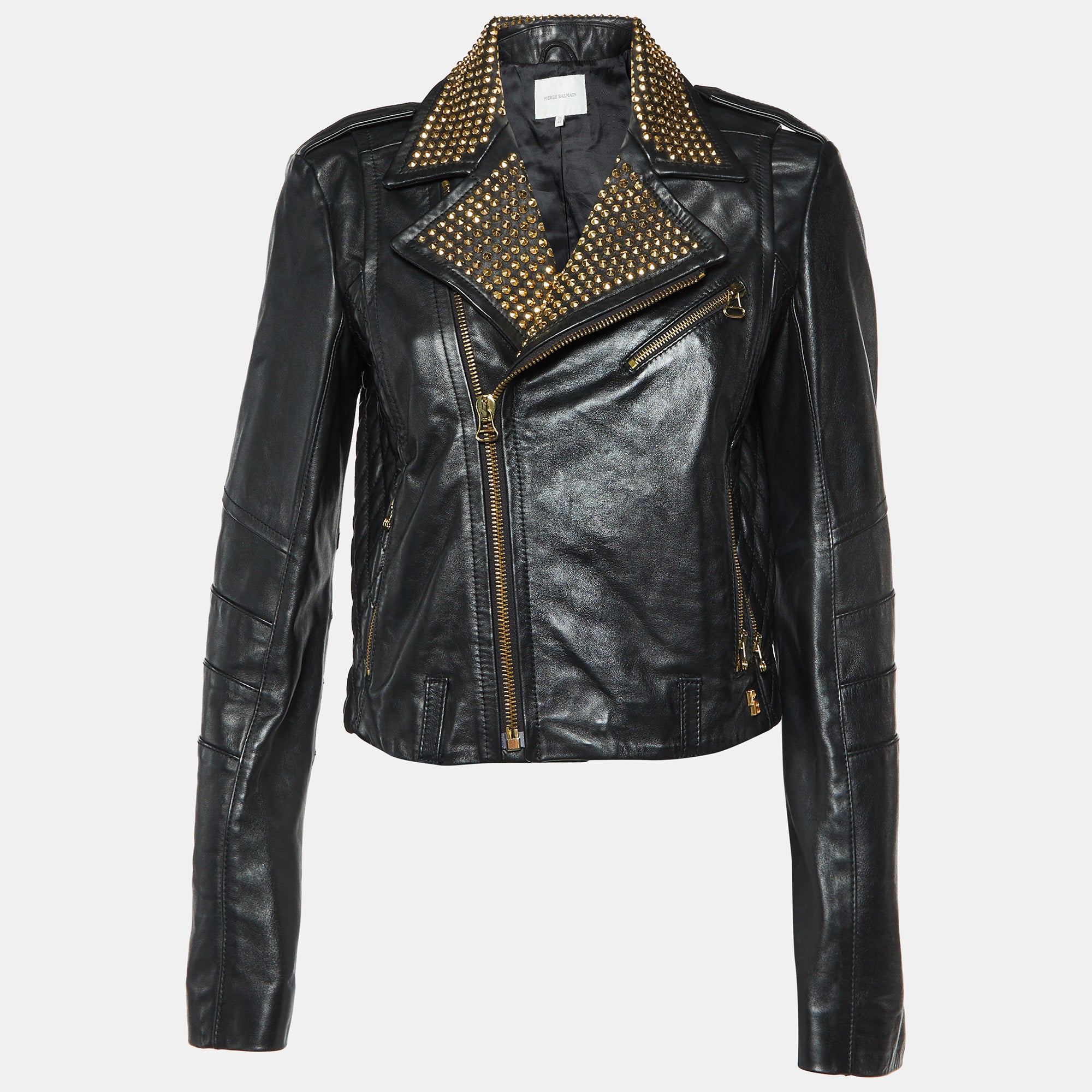 Pierre Balmain Black Leather Studded Biker Jacket M