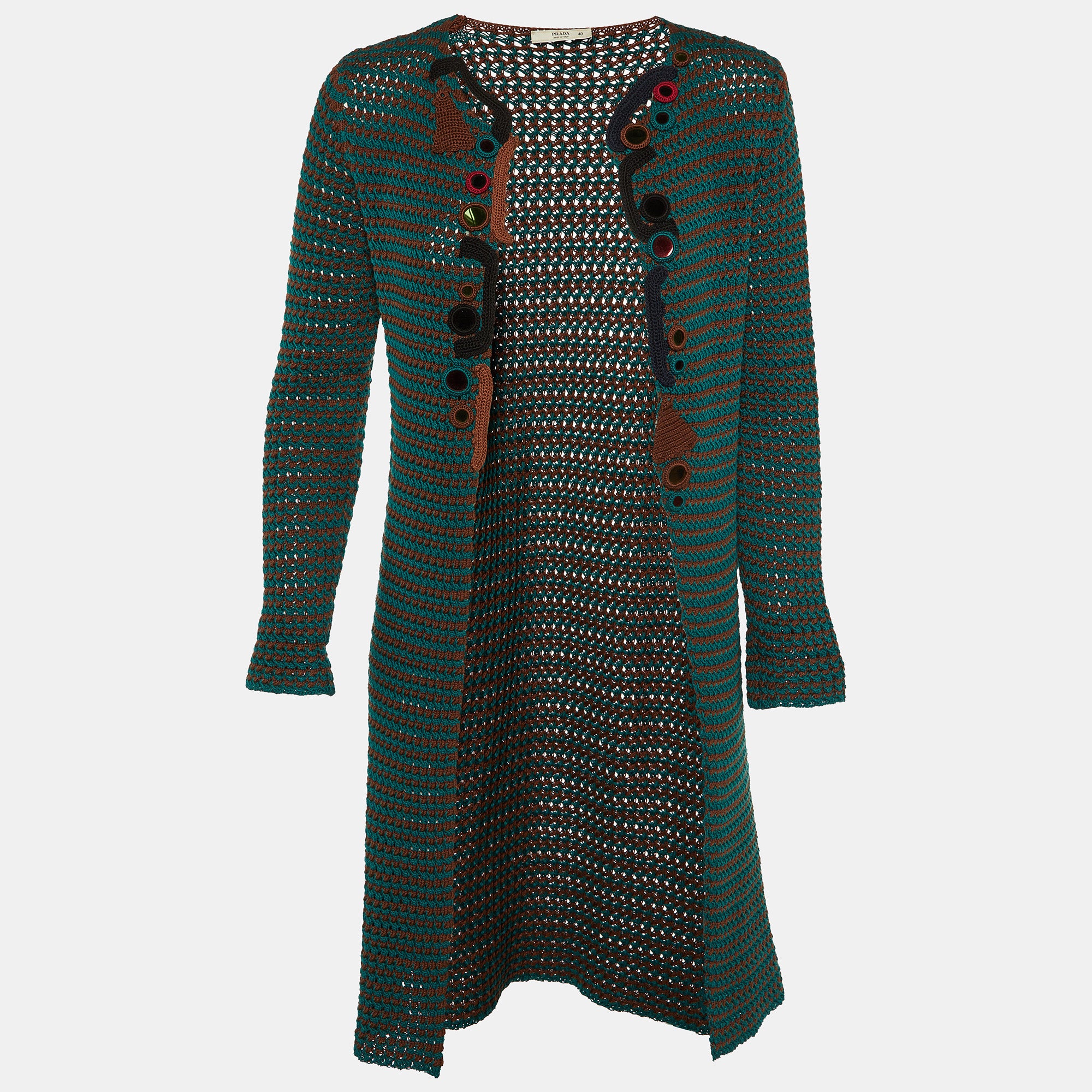 Prada Brown-Teal Crochet Knit Open Front Cardigan S