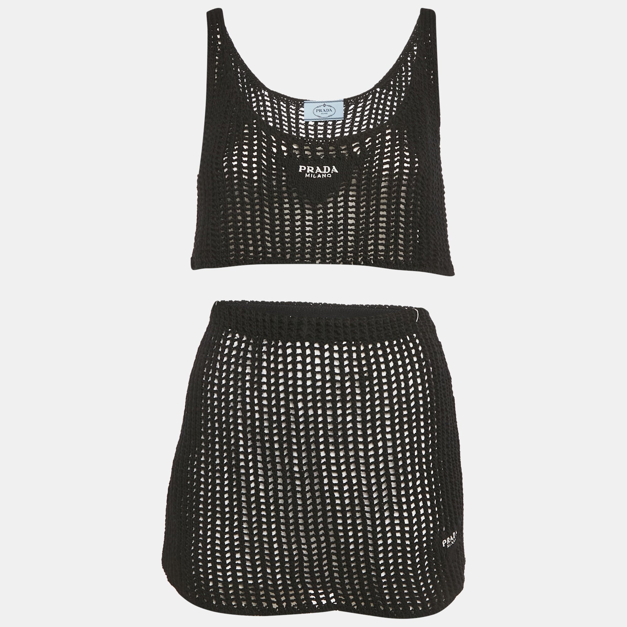 Prada Black Logo Embroidered Crochet Crop Top and Skirt Set M