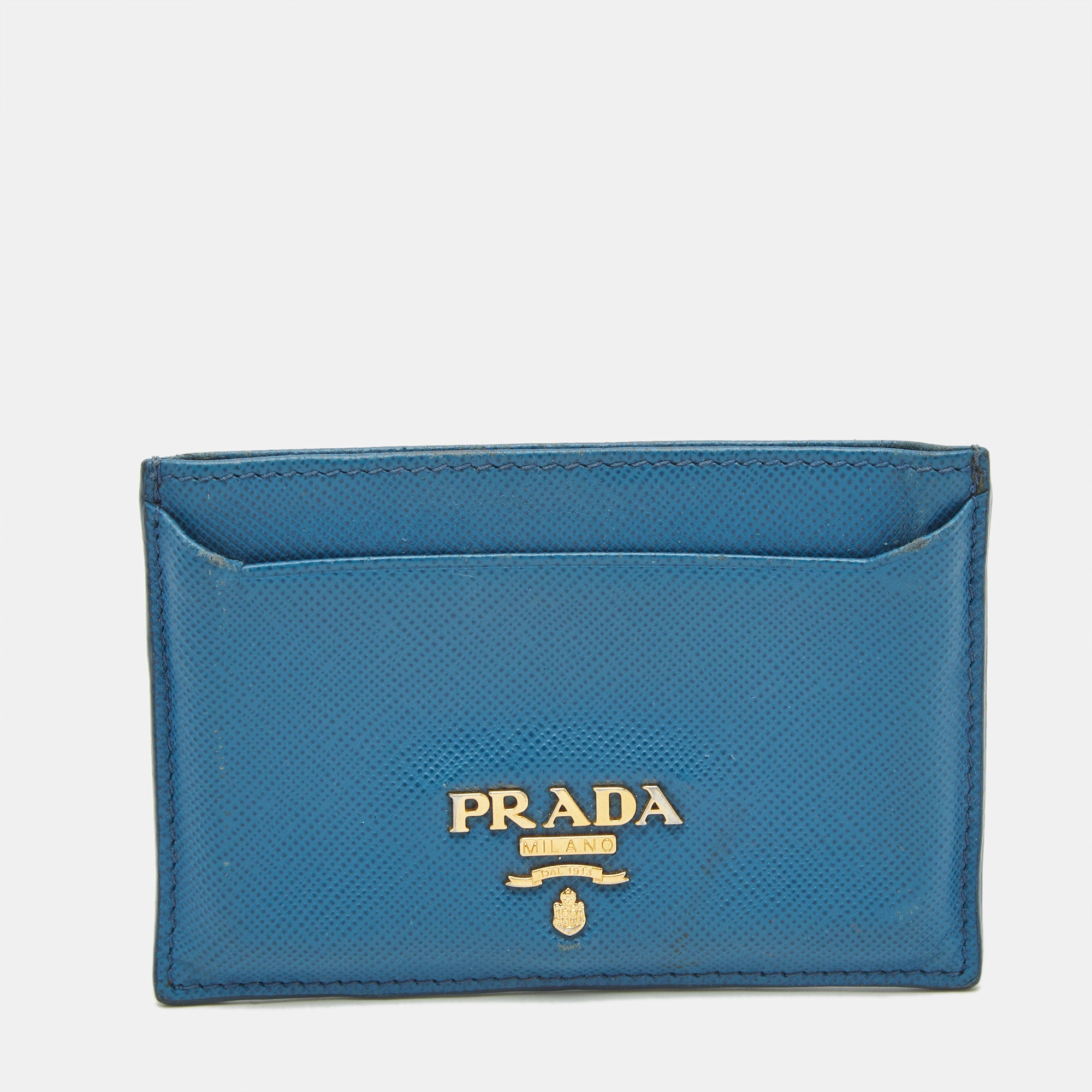 Prada Blue Saffiano Leather Logo Card Holder