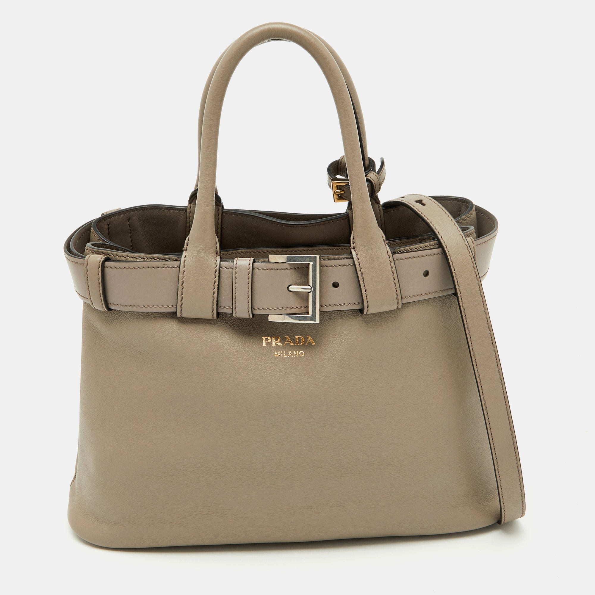 Prada Clay Grey Leather Small Buckle Detail Tote