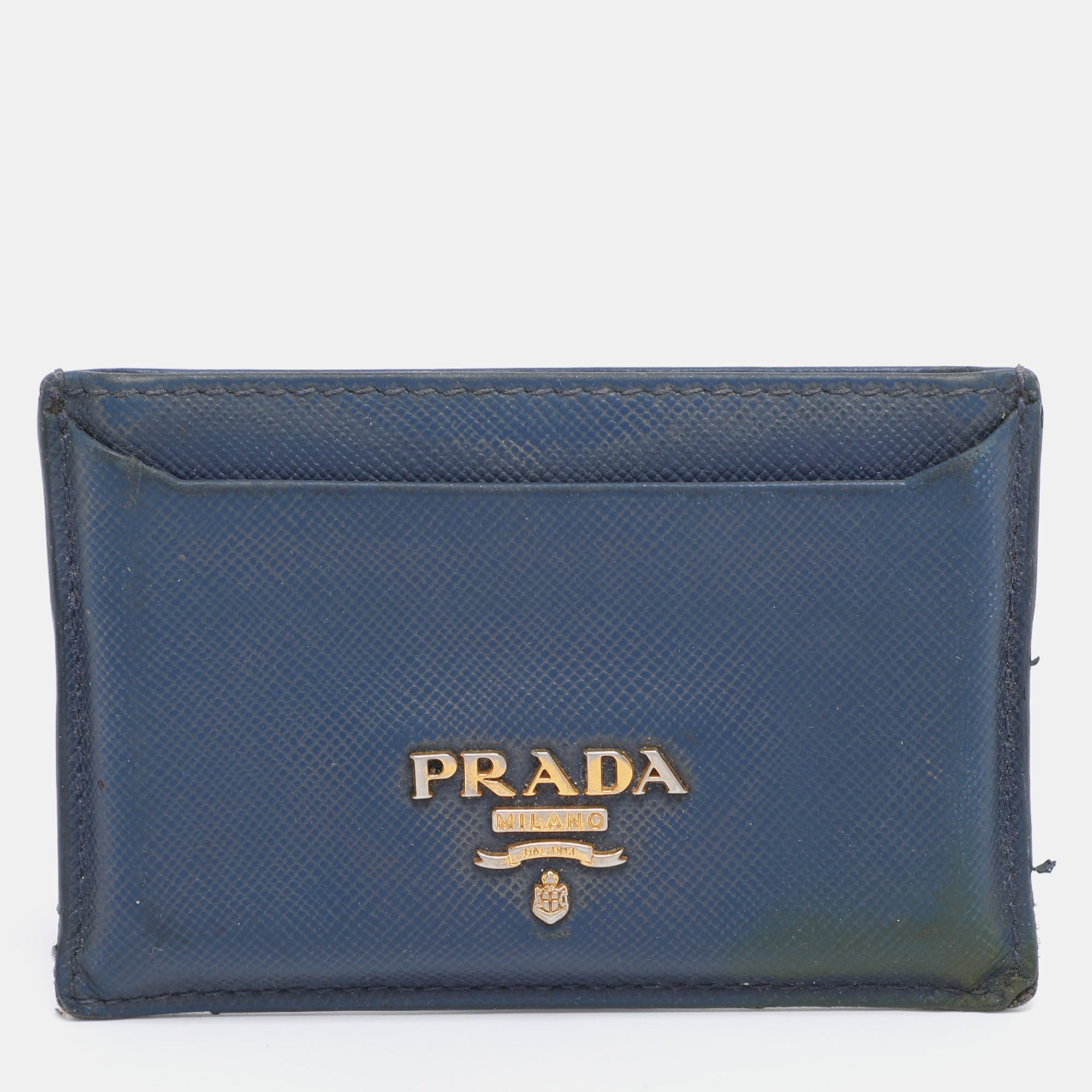 Prada Blue Saffiano Metal Leather Card Holder