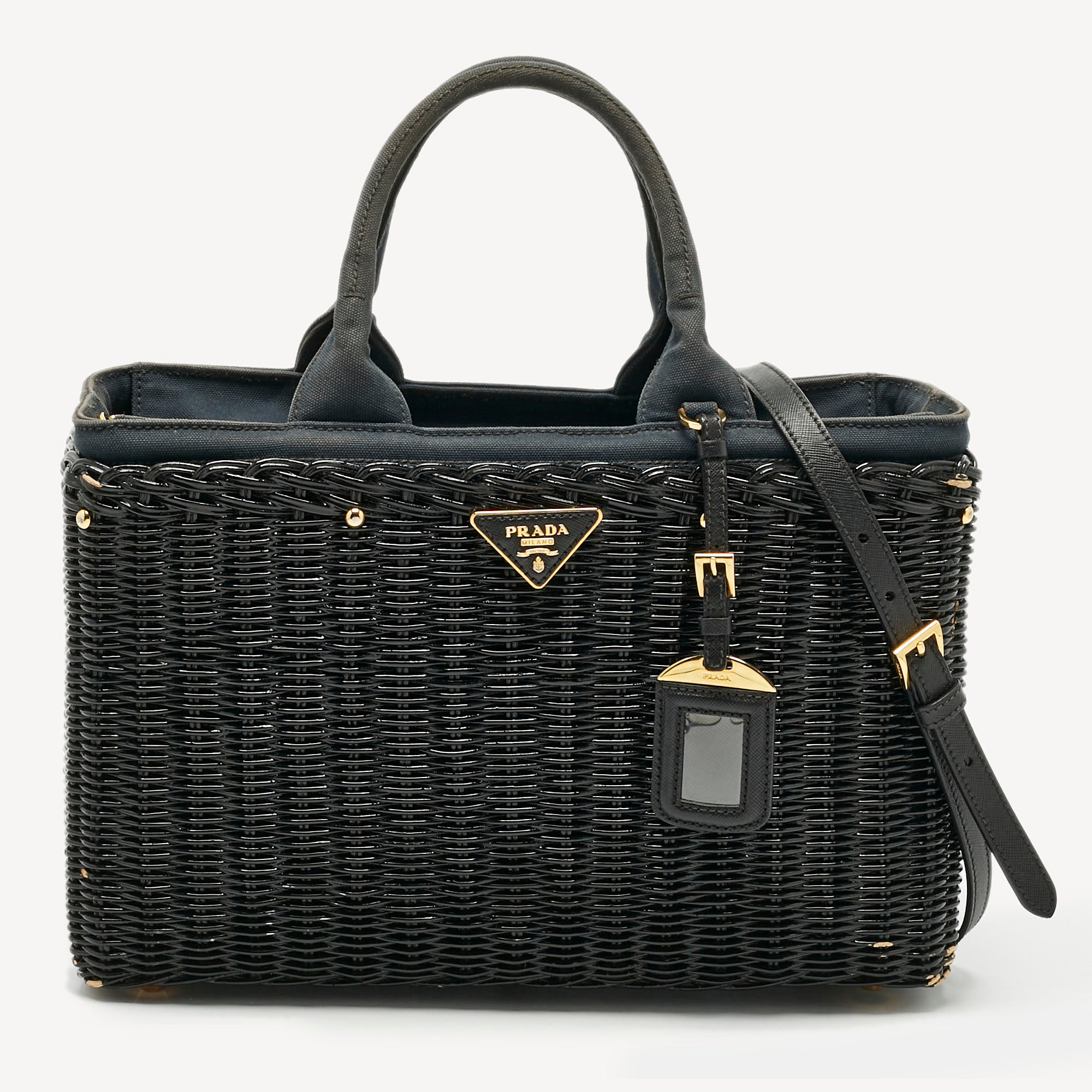Prada Black Wicker and Canvas Large Midollino Tote