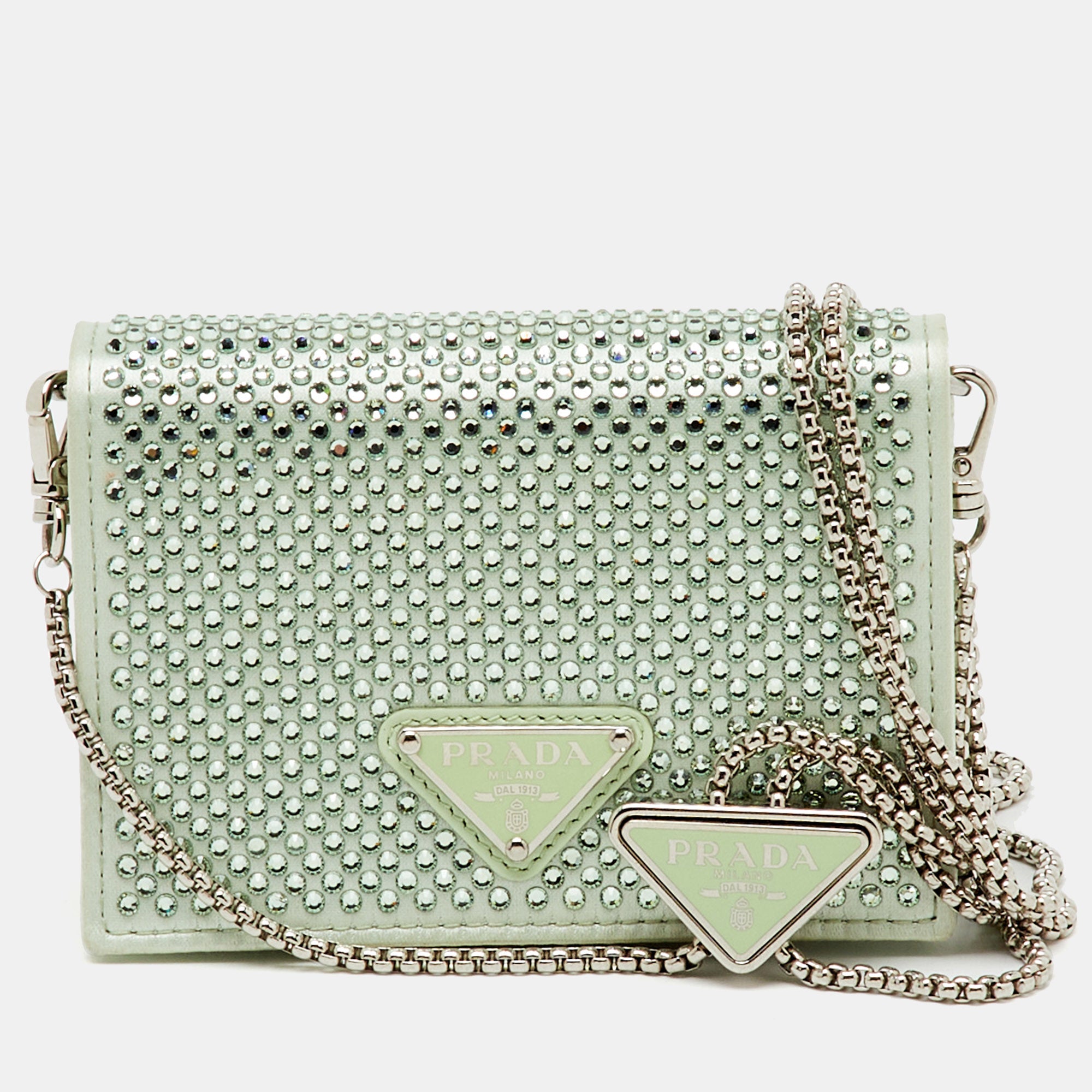 Prada Light Green Satin Crystal Metal Triangle Logo Chain Card Holder