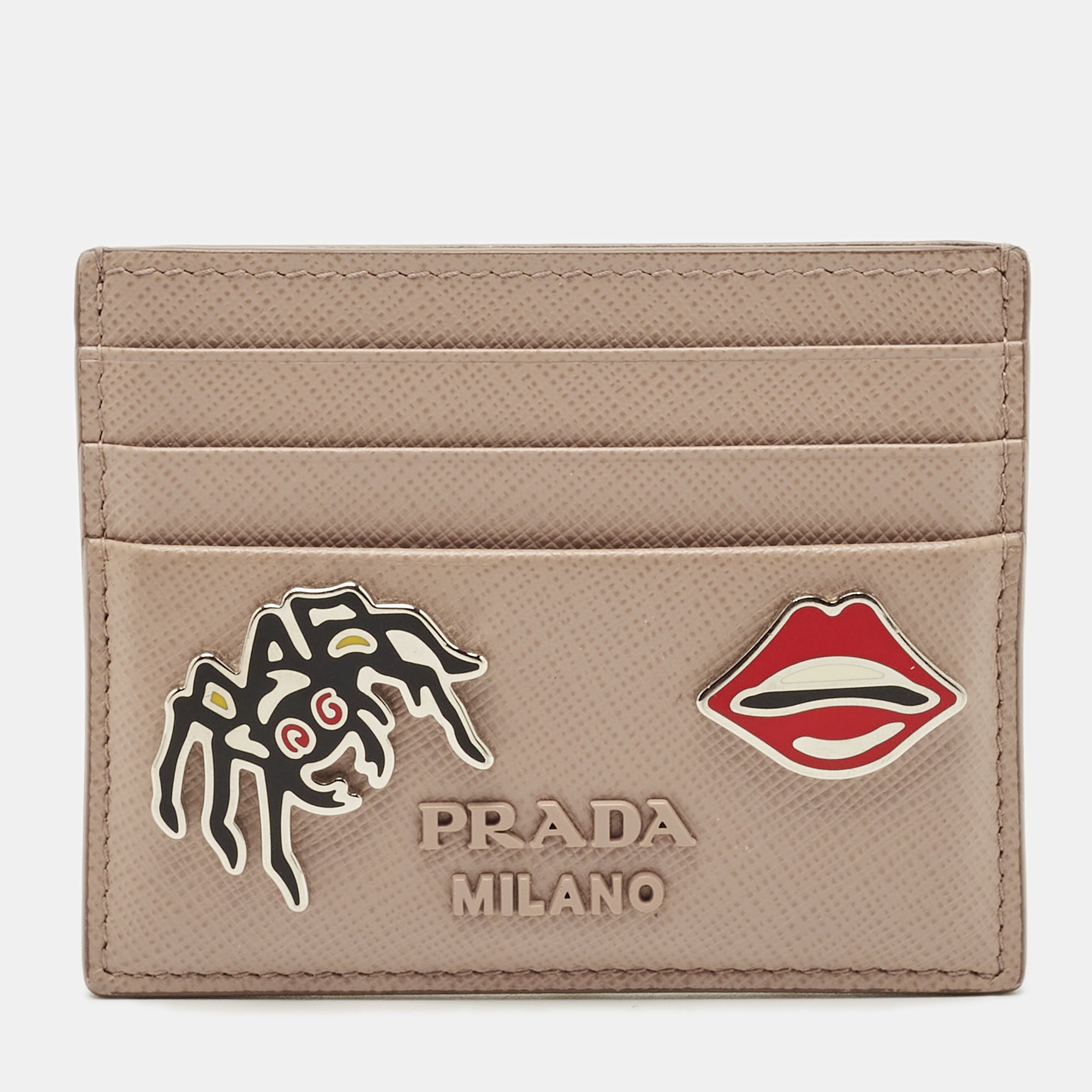 Prada Beige Saffiano Metal Leather Embellished Card Holder