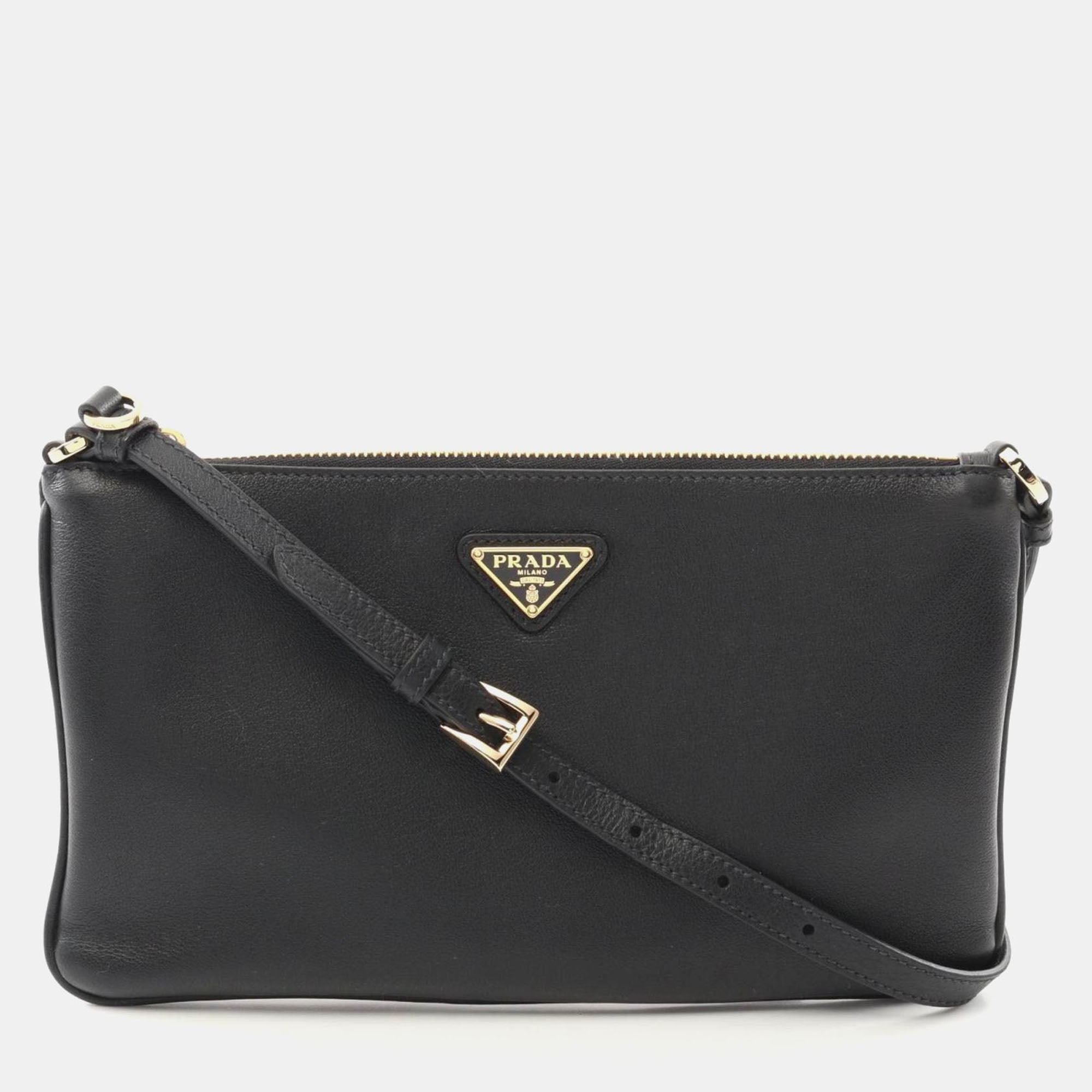 Prada Soft Grain Black Leather Shoulder Bag