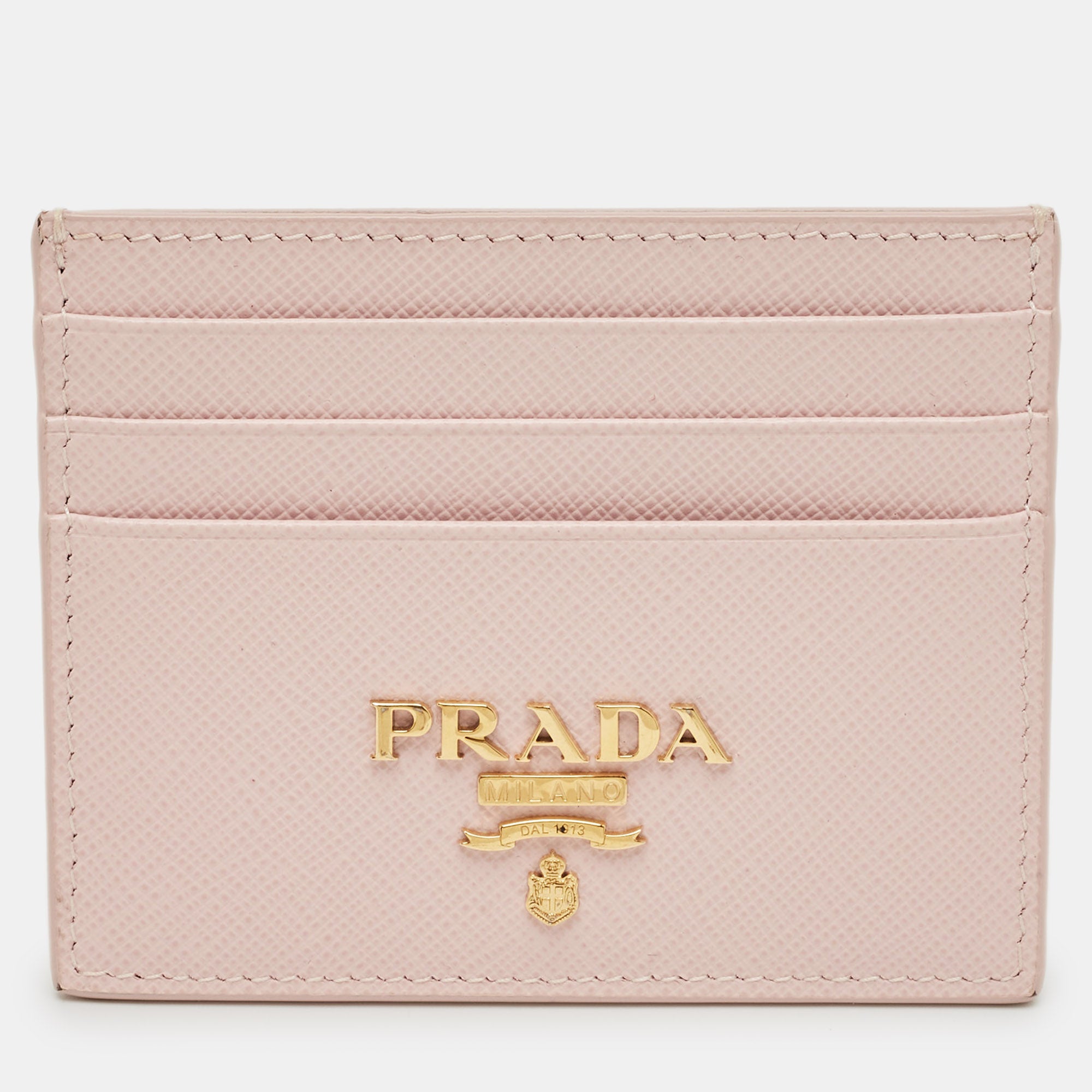 Prada Light Pink Saffiano Metal Leather Logo Card Holder