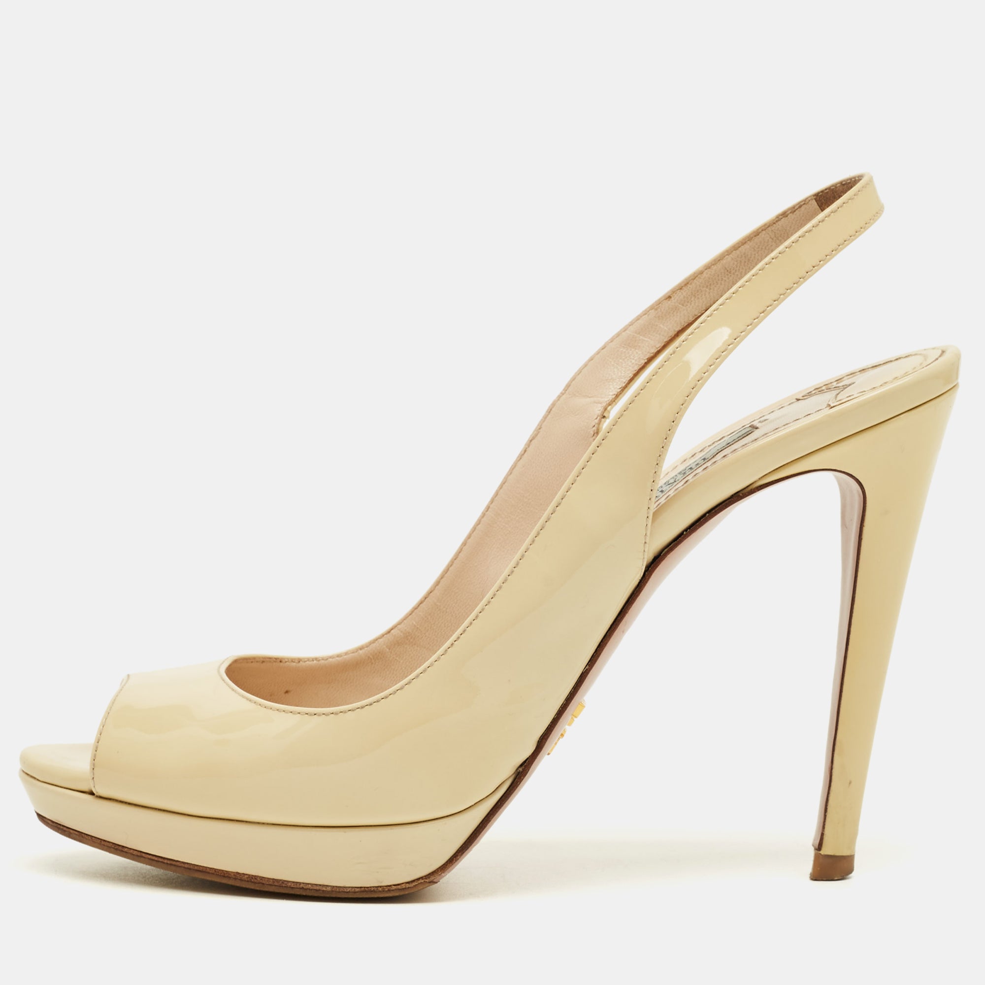 Prada Cream Patent Leather Peep Toe Slingback Pumps Size 38.5