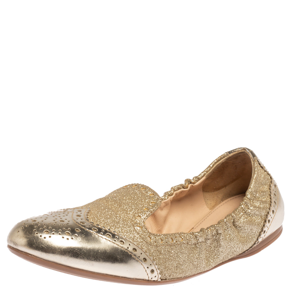 Prada Sport Gold Glitter Fabric And Patent Leather Brogue Scrunch Ballet Flats Size 37.5