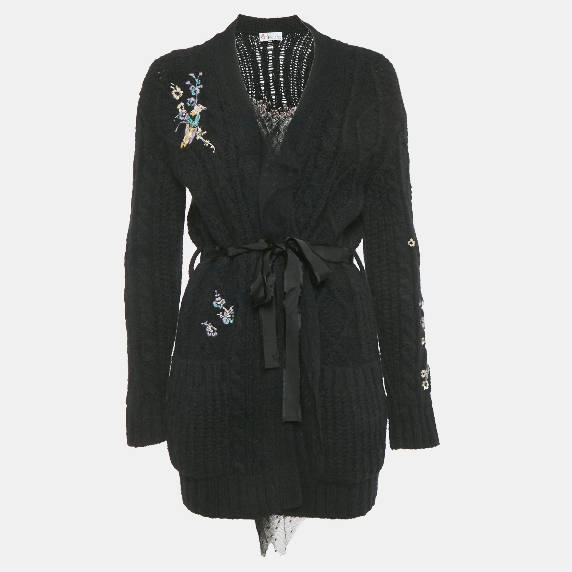 RED Valentino Black Floral Embroidered Knit Cardigan XS