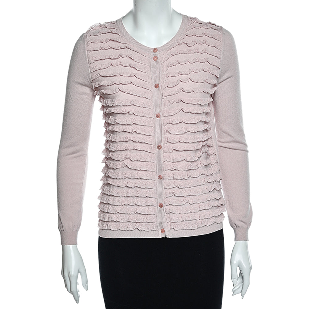 RED Valentino Pink Knit Ruffle Trimmed Button Front Fitted Cardigan L