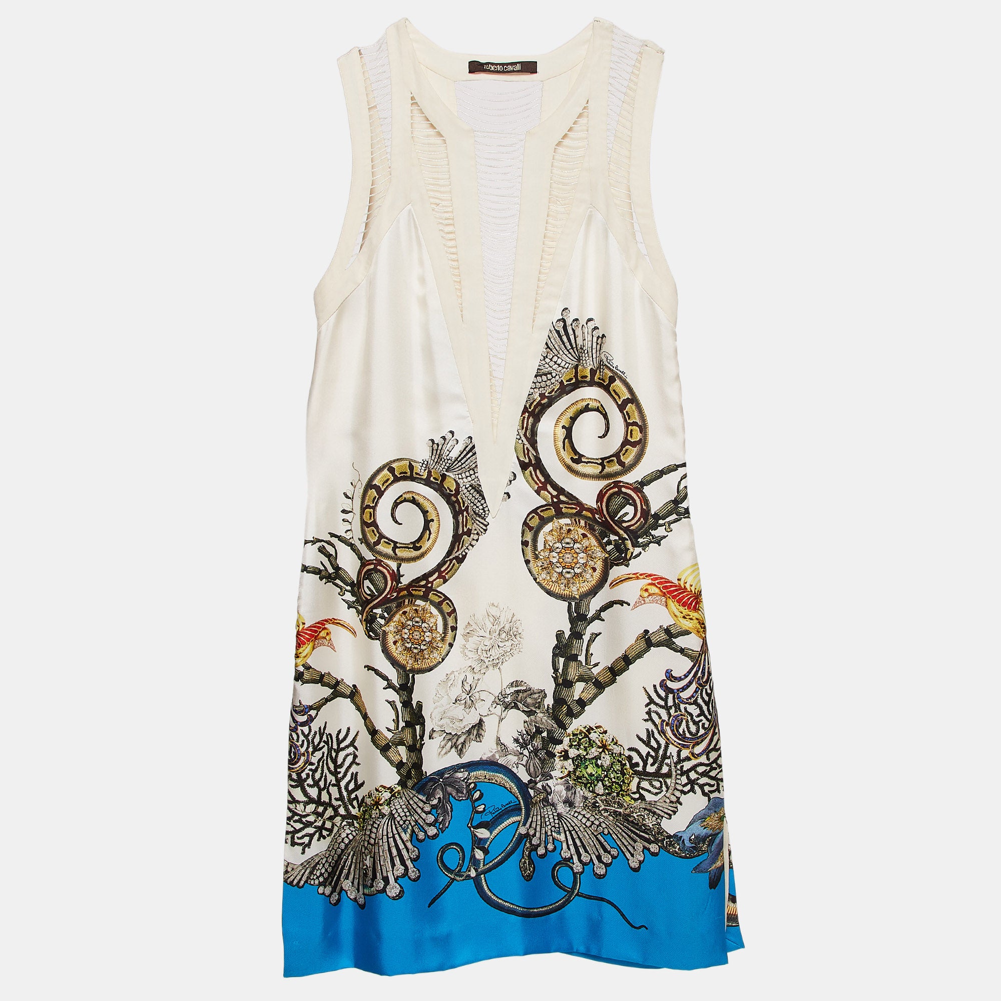 Roberto Cavalli White Printed Silk Swing Trim Sleeveless Dress M