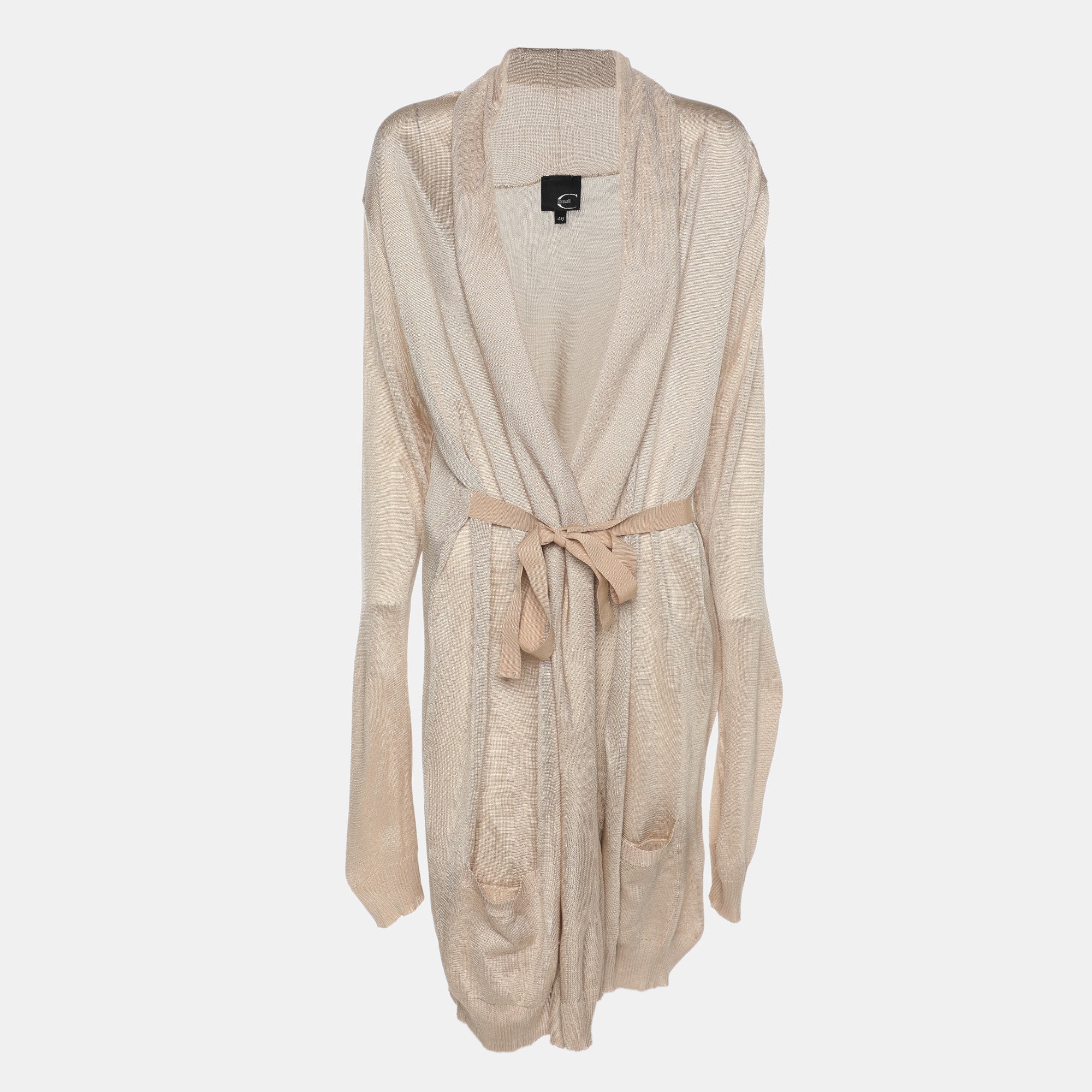 Roberto Cavalli Beige Stretch Knit Belted Cardigan L