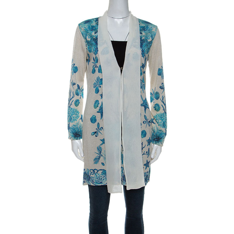 Roberto Cavalli Off-White Underwater Print Wool Blend Cardigan M