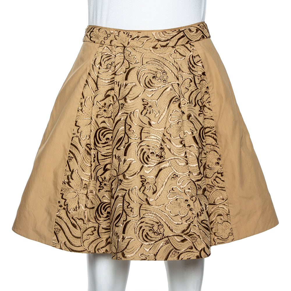Roberto Cavalli Beige Embroidered Cotton Pleated Mini Skirt S