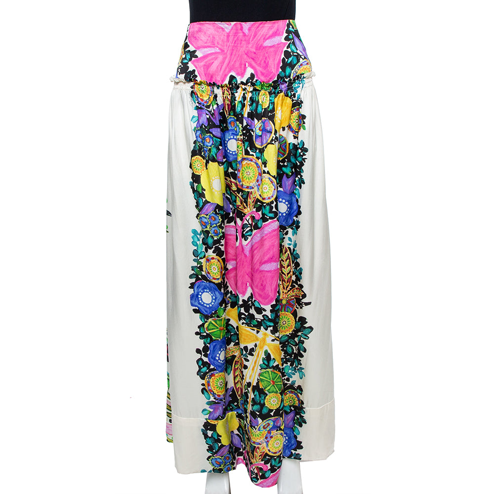 Roberto Cavalli Cream Flora & Fauna Print Satin Silk Maxi Skirt L