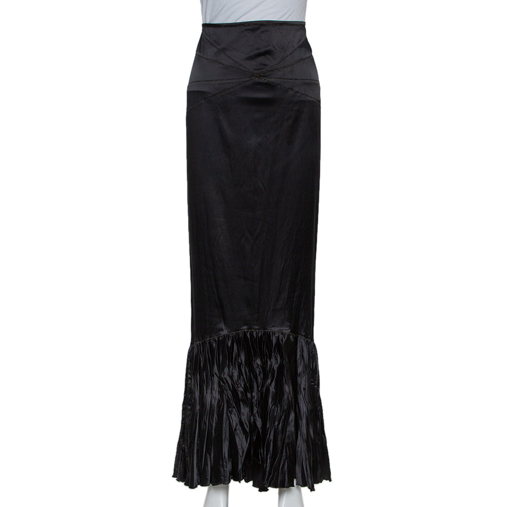 Roberto Cavalli Black Satin Ruffle Hem Detail Maxi Skirt M