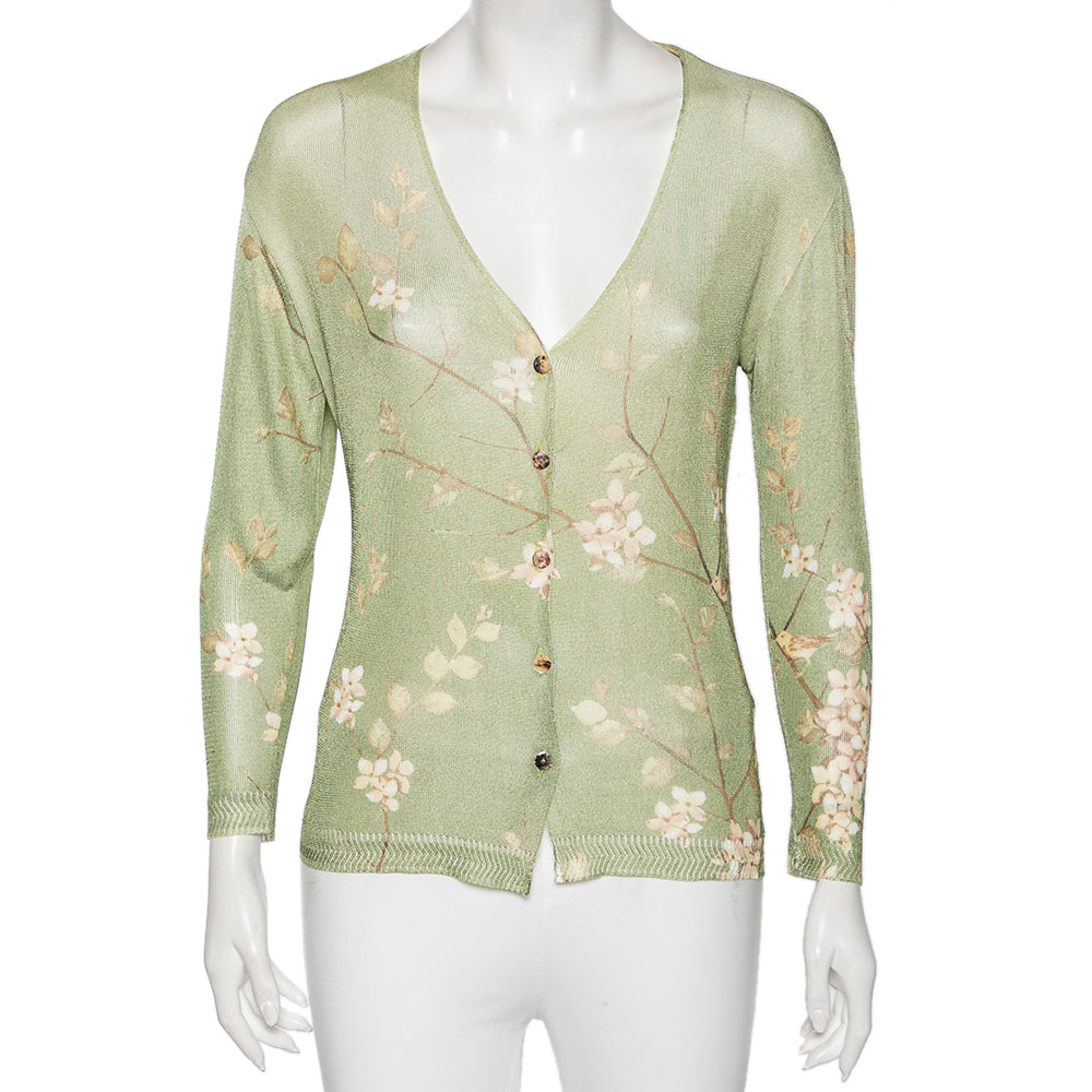 Roberto Cavalli Green Floral Printed Knit Button Front Cardigan L