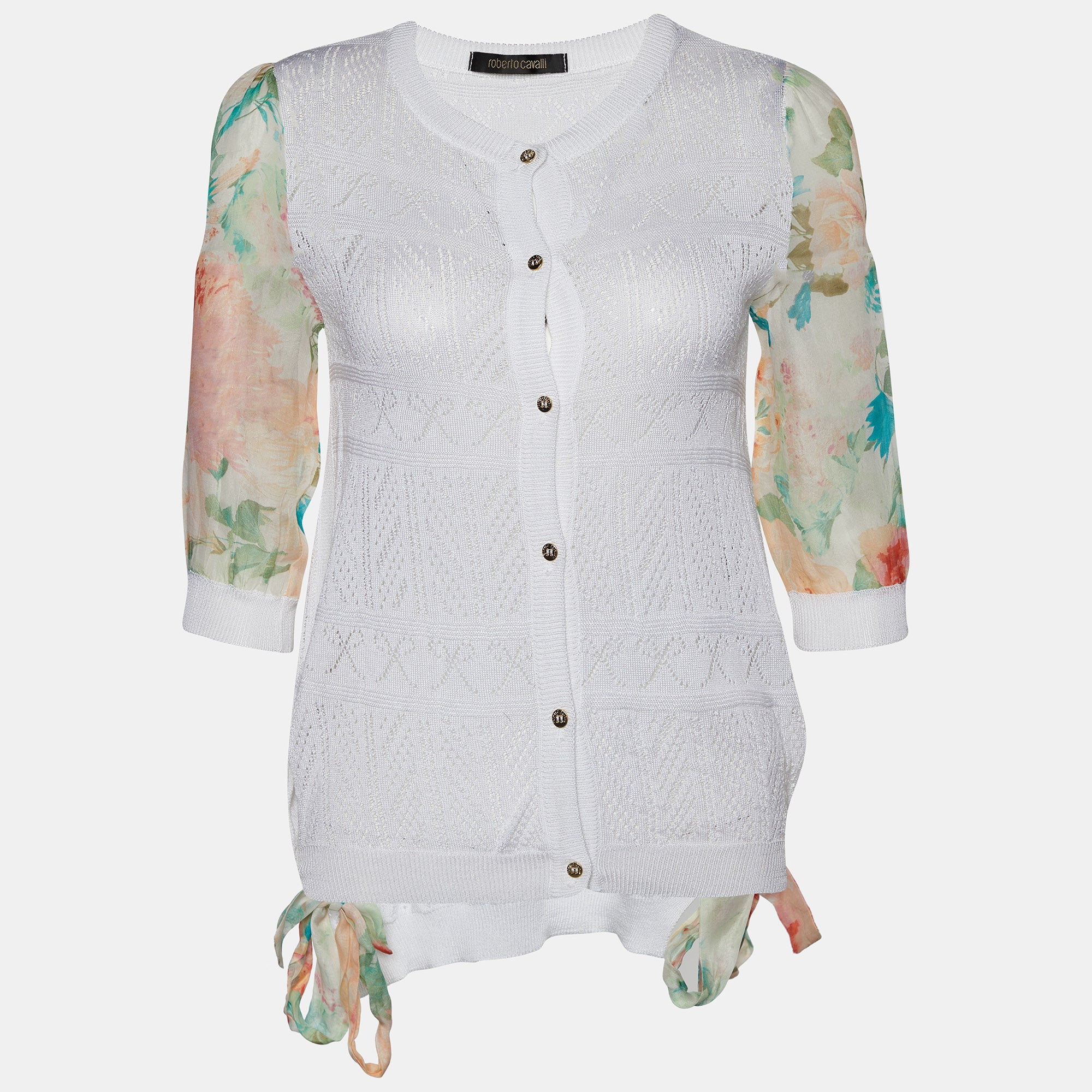 Roberto Cavalli White Perforated Knit & Printed Silk Sleeve Cardigan S