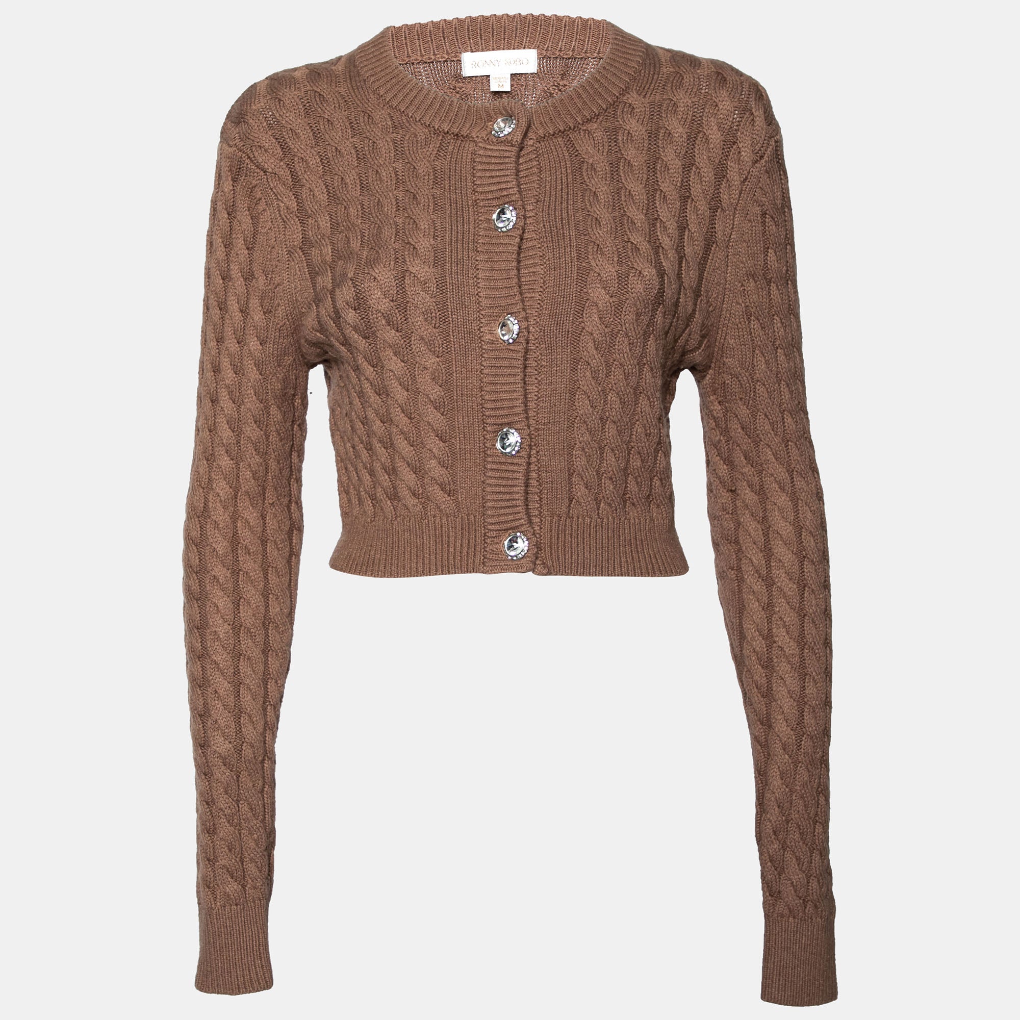 Ronny Kobo Brown Cable Knit Wool Cropped Cardigan M