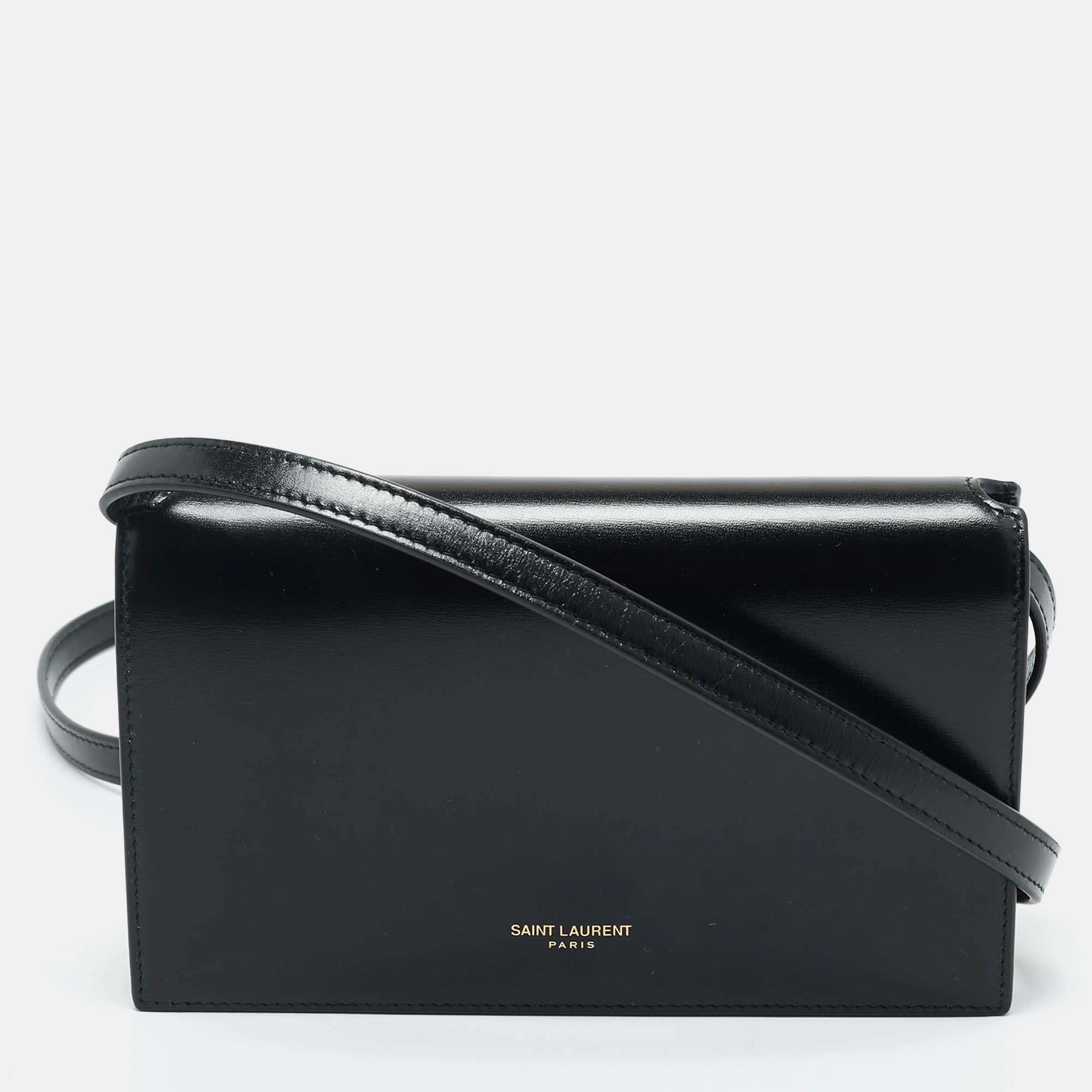 Saint Laurent Black Glossy Leather Flap Wallet On Chain