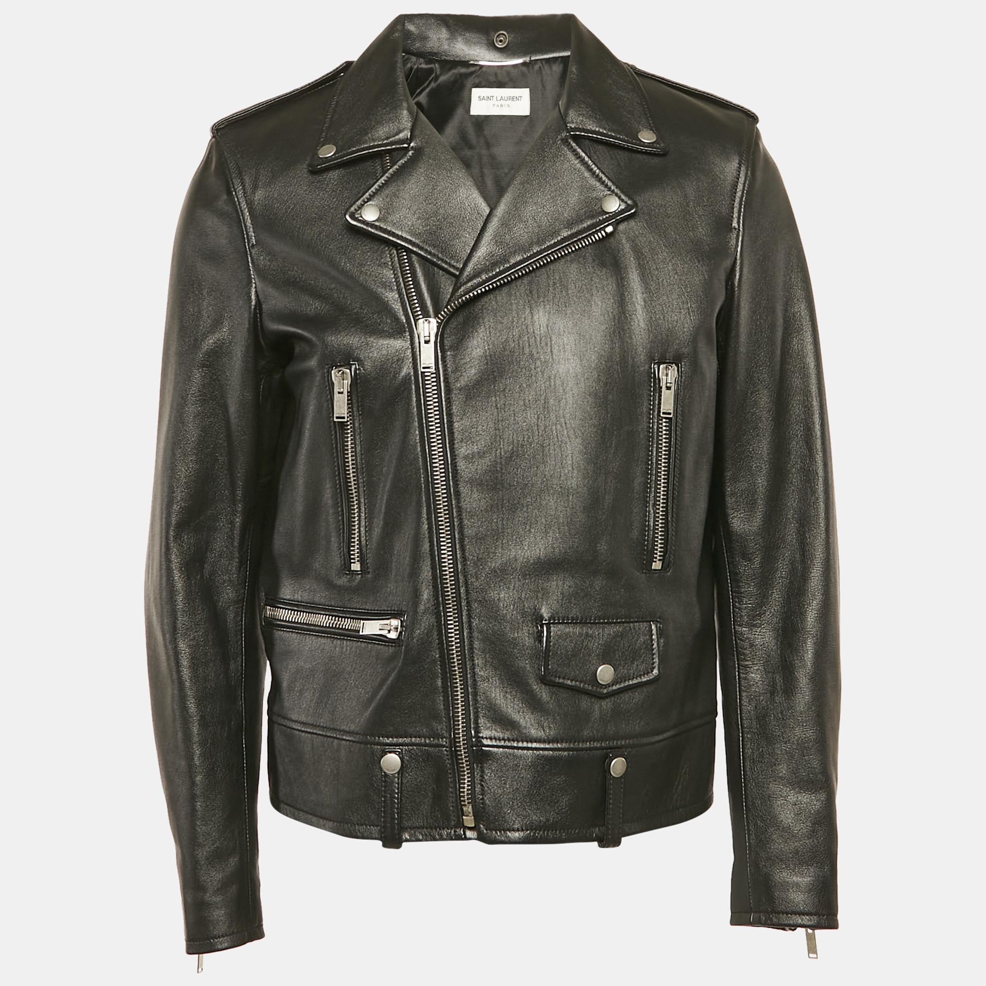 Saint Laurent Black Leather Studded Zip-Up Biker Jacket XL