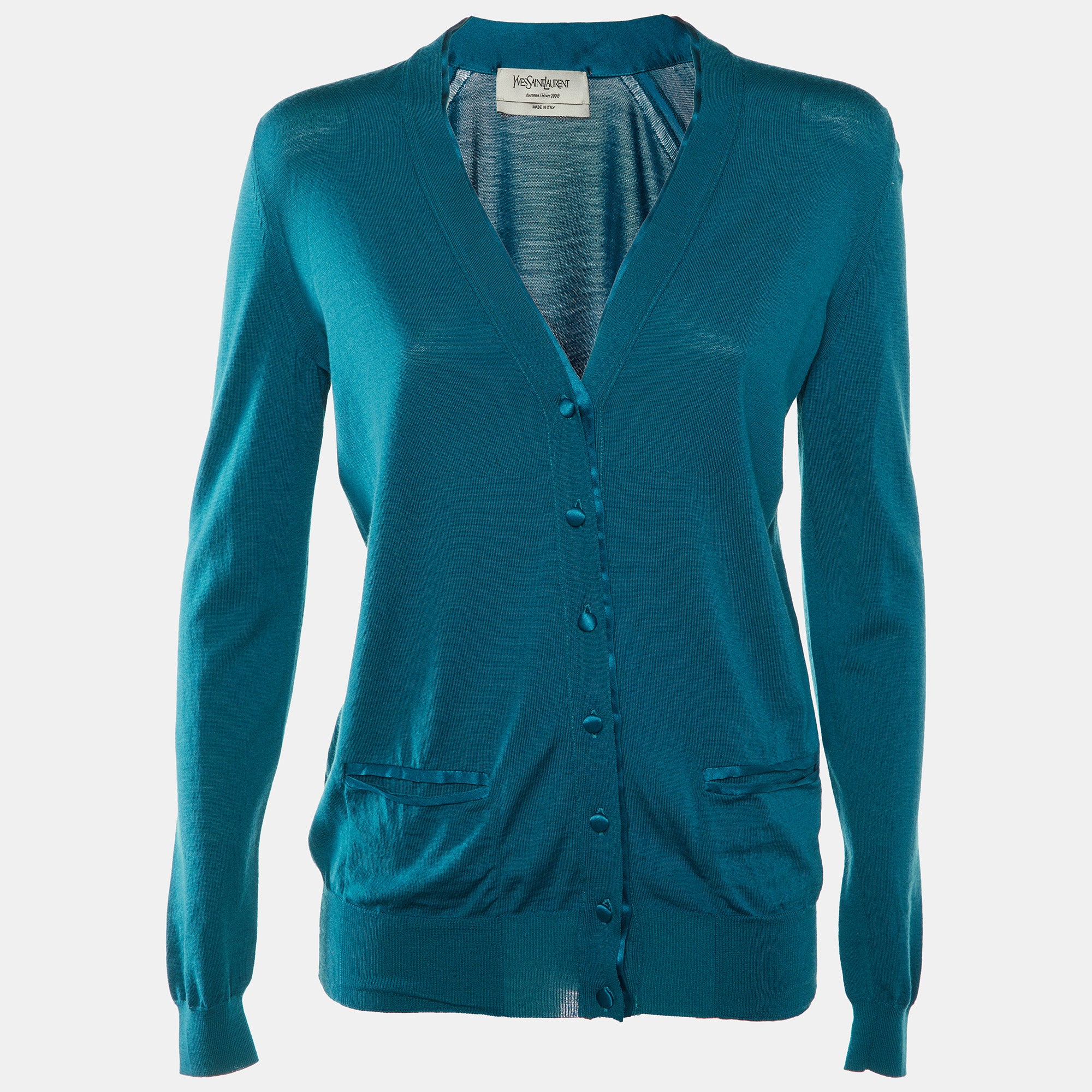 Yves Saint Laurent Teal Blue Wool Knit & Satin Trim Button Front Cardigan L