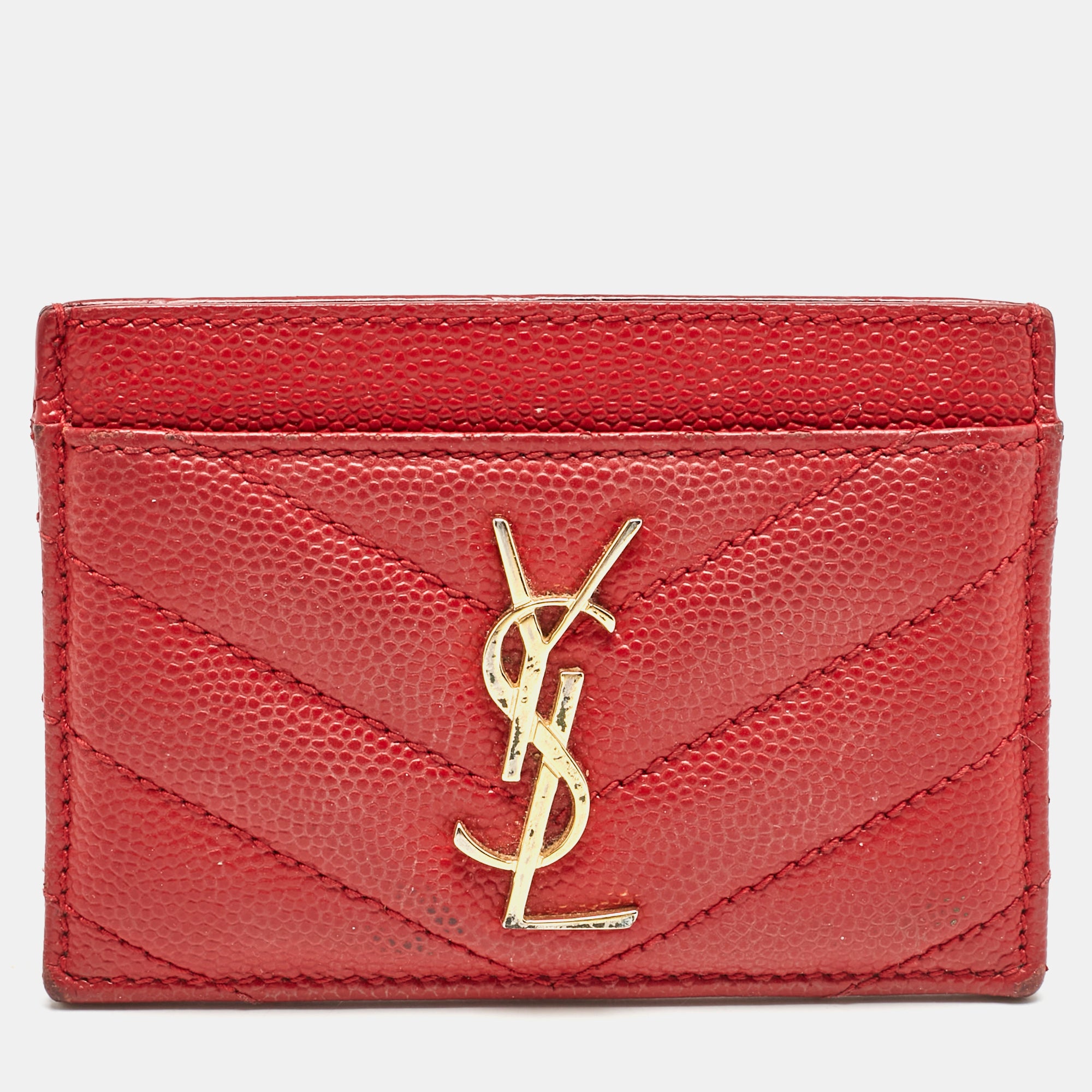 Saint Laurent Red Matelass&eacute; Leather Monogram Card Holder