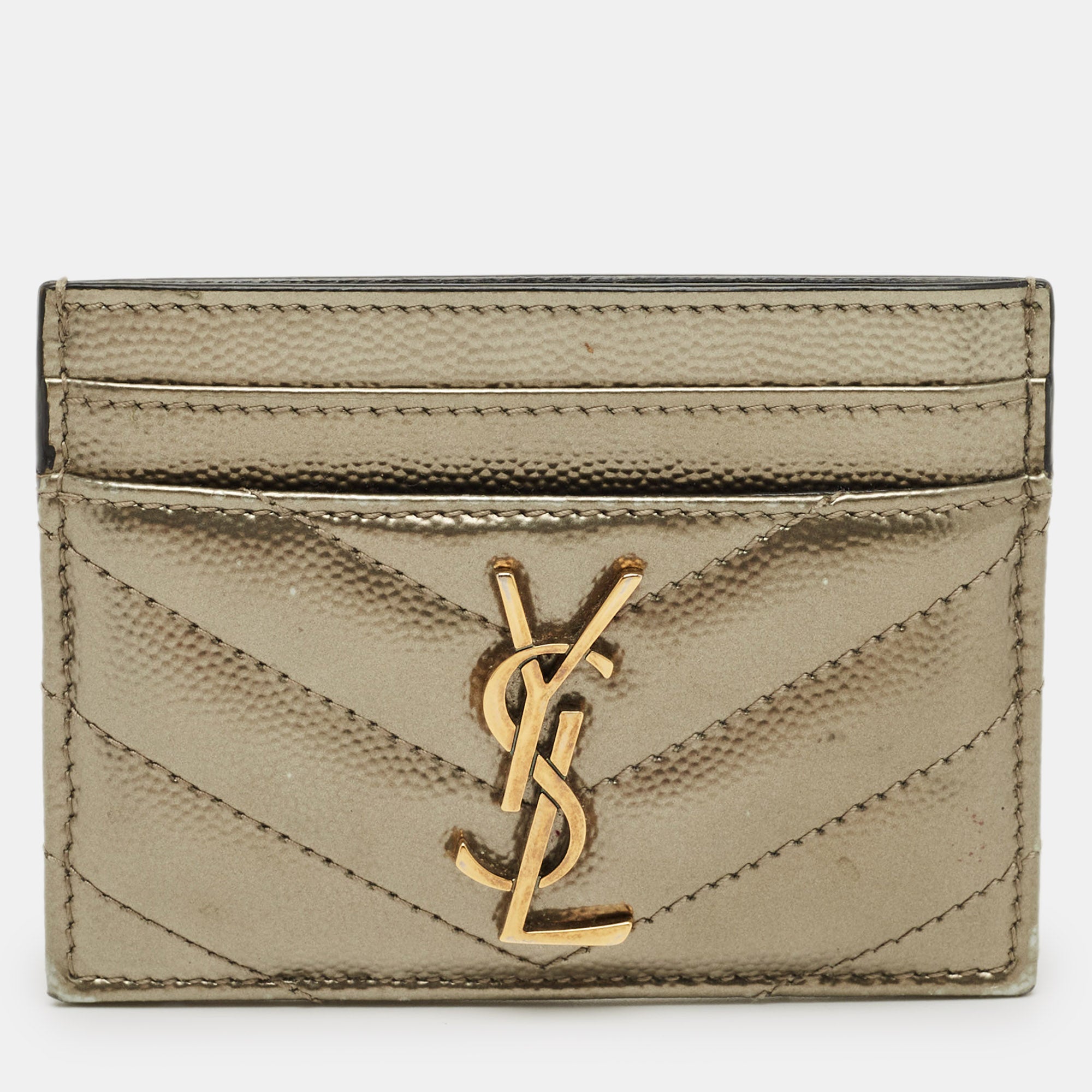 Saint Laurent Metallic Matelass&eacute; Leather Monogram Card Holder