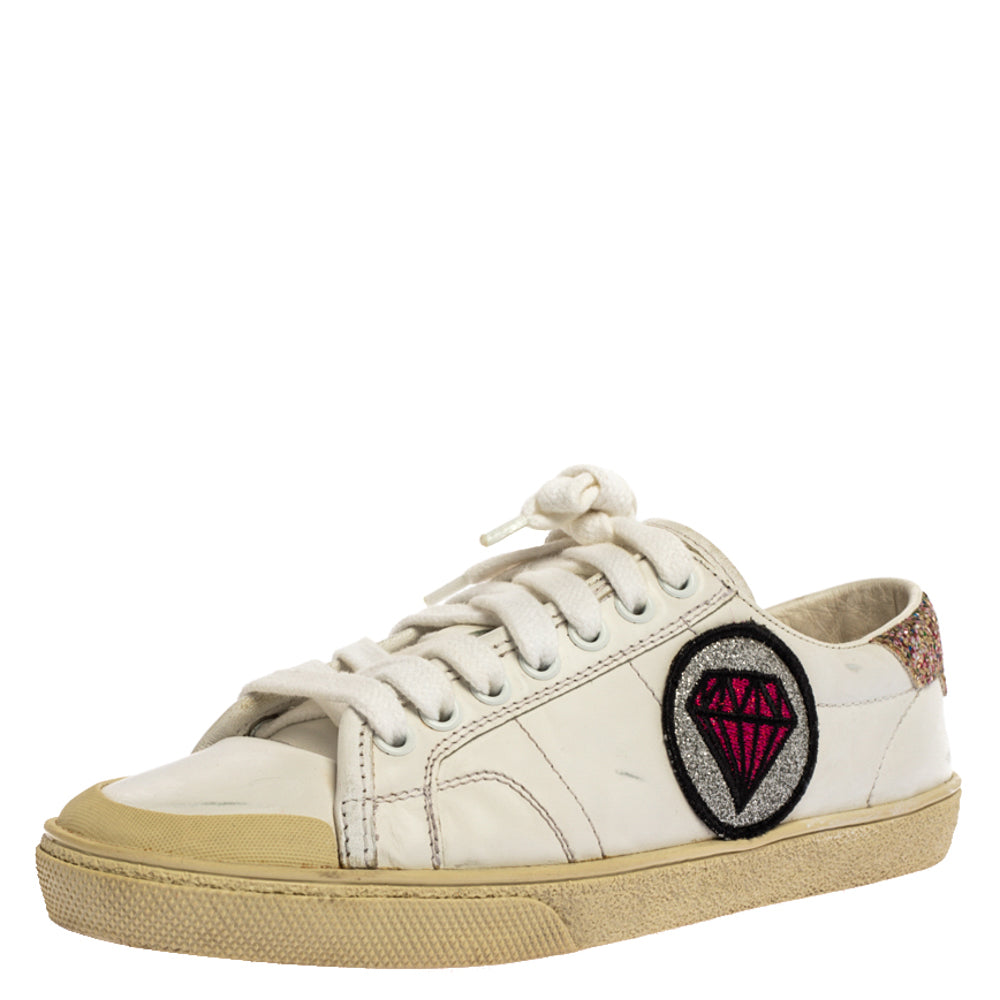 Saint Laurent Paris White Leather And Glitter Trim Court Classic SL-37 Diamond Patch Low Top Sneakers Size 35