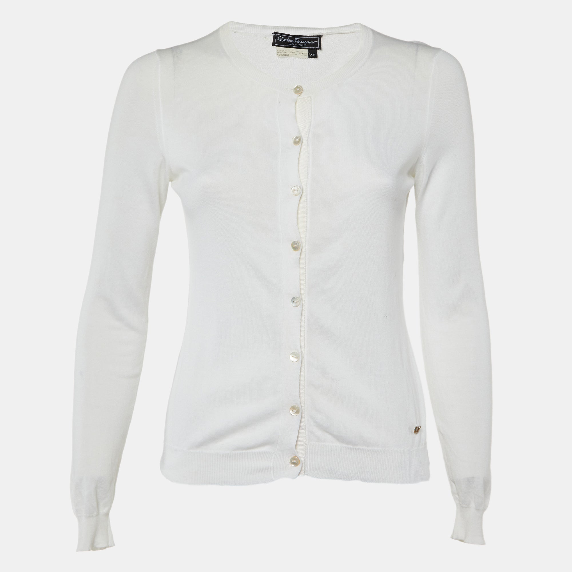 Salvatore Ferragamo Ivory Cotton Knit Button Front Cardigan XS