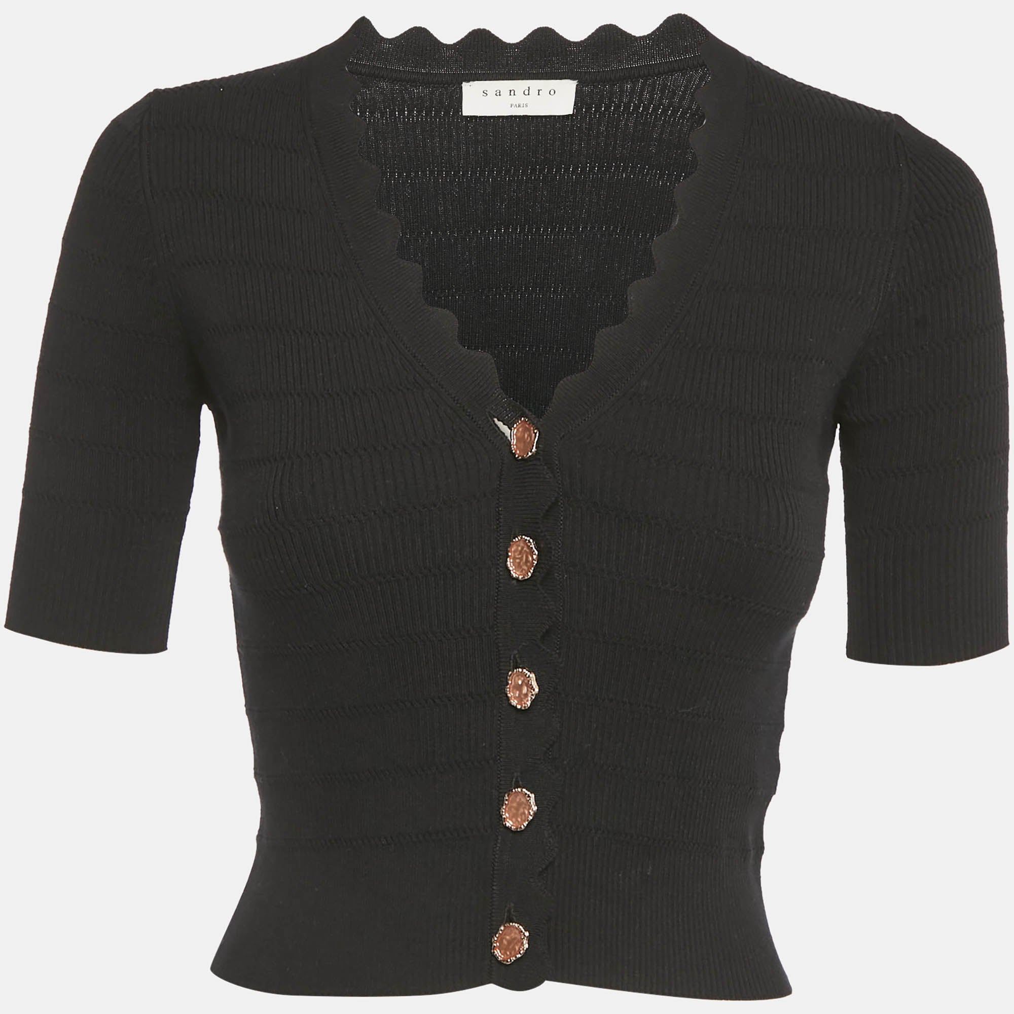 Sandro Black Rib Knit Button Front Cardigan Top S