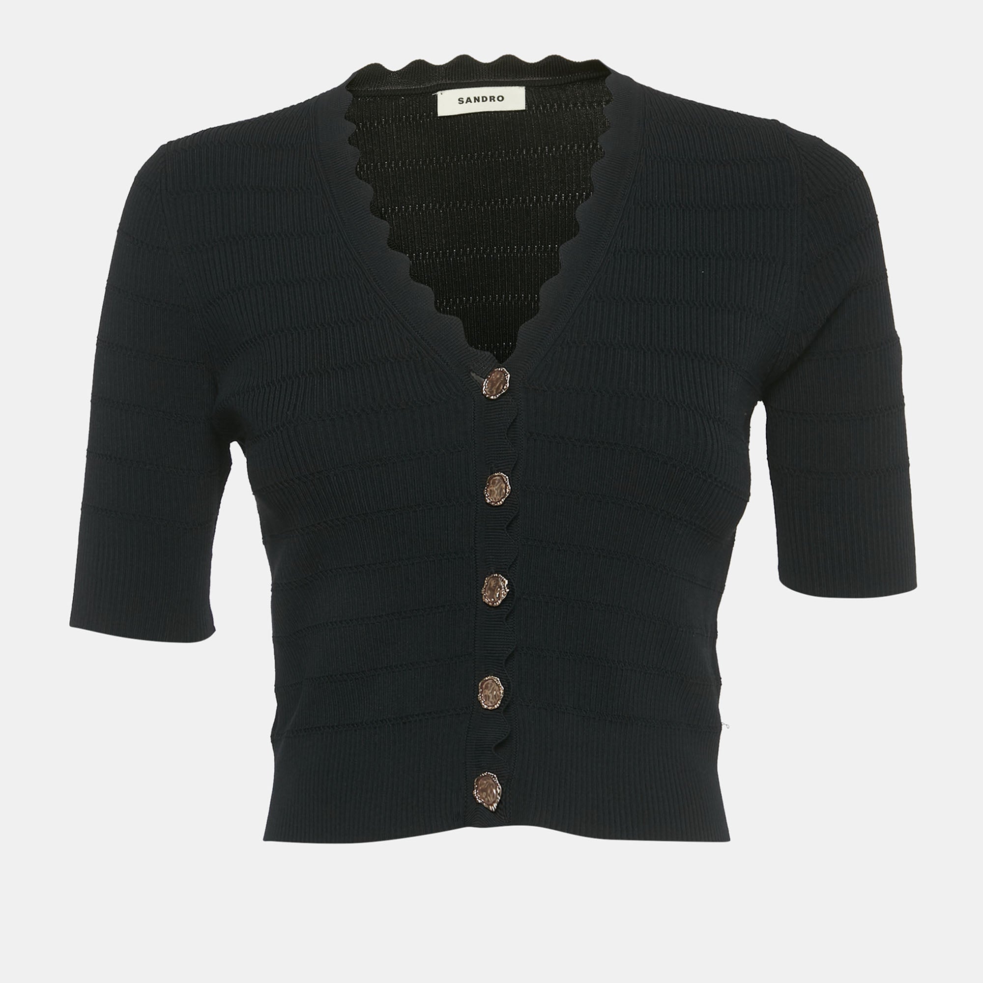 Sandro Black Rib Knit Button Front Cardigan Top M