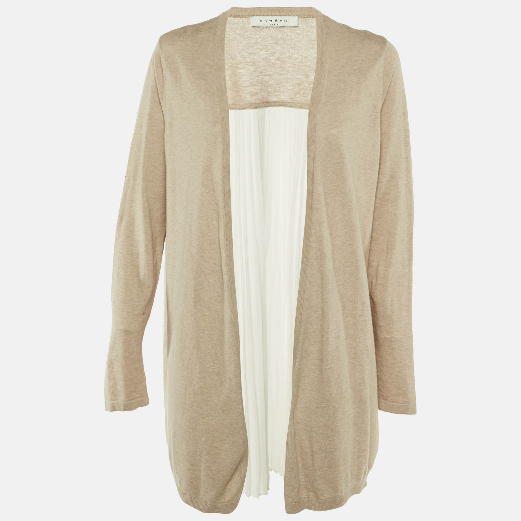 Sandro Beige Knit & Crepe Pleated Cardigan M