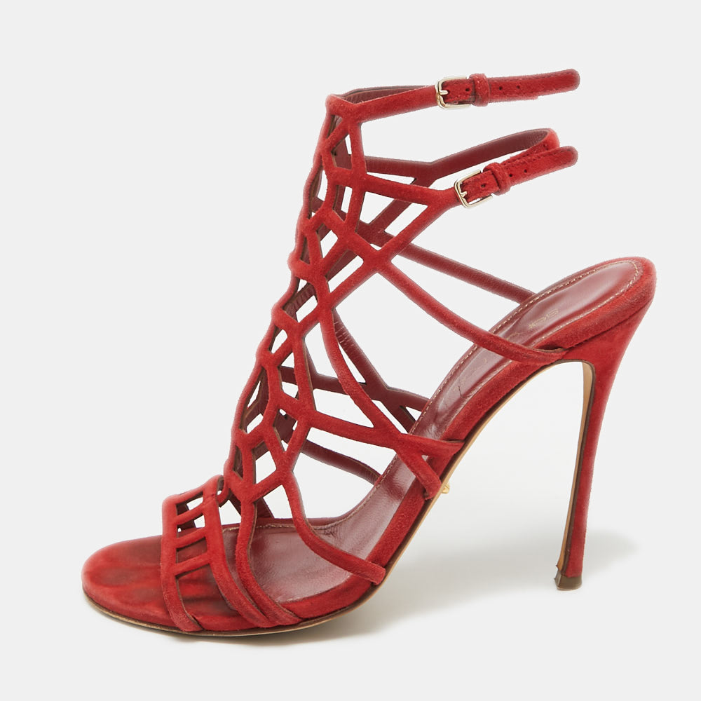 Sergio Rossi Red Suede Puzzle Caged Sandals Size 37