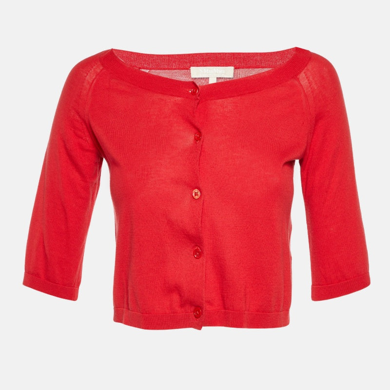 S'Max Mara Red Cotton Knit Cropped Cardigan S