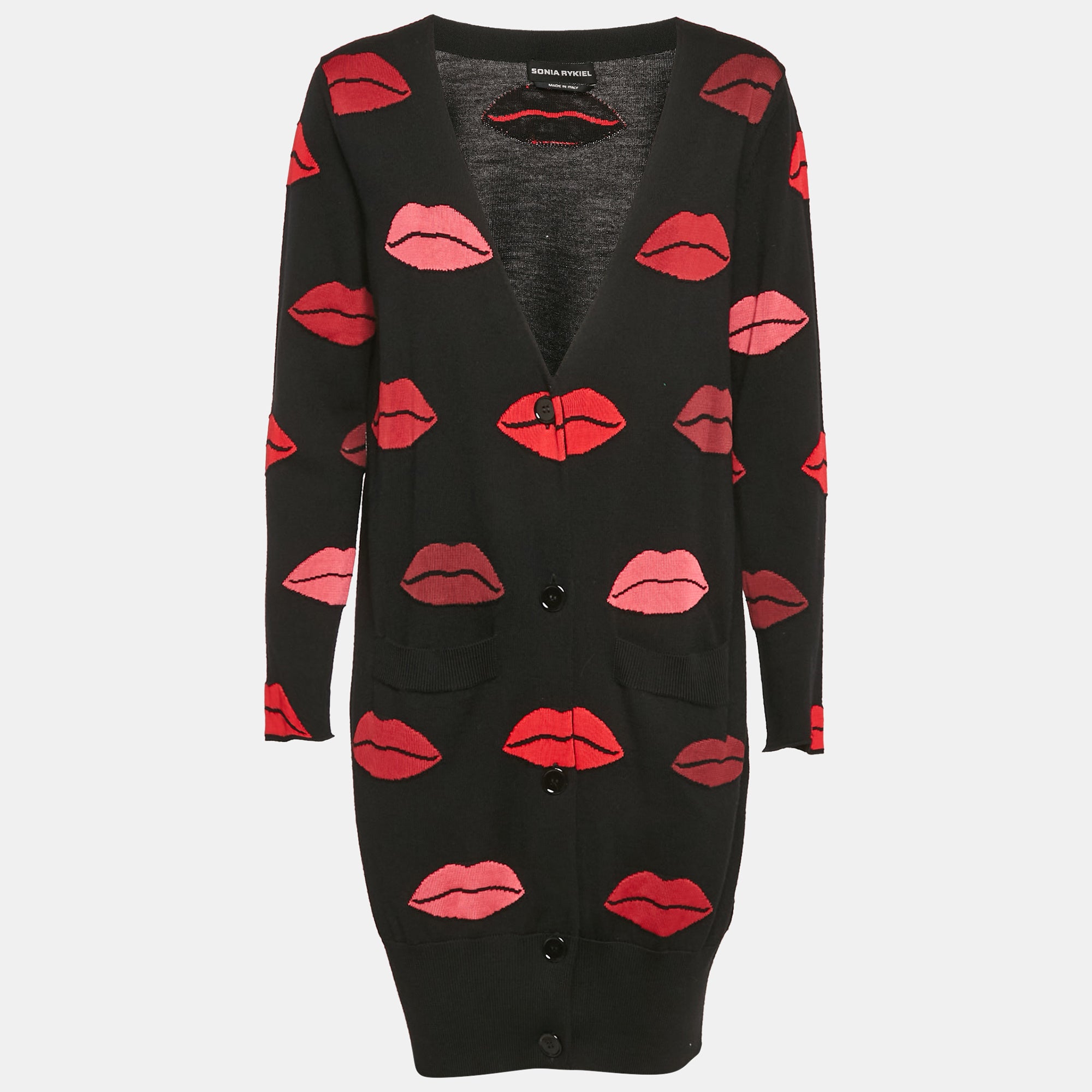 Sonia Rykiel Black Lip Pattern Jacquard Knit Button Front Cardigan S